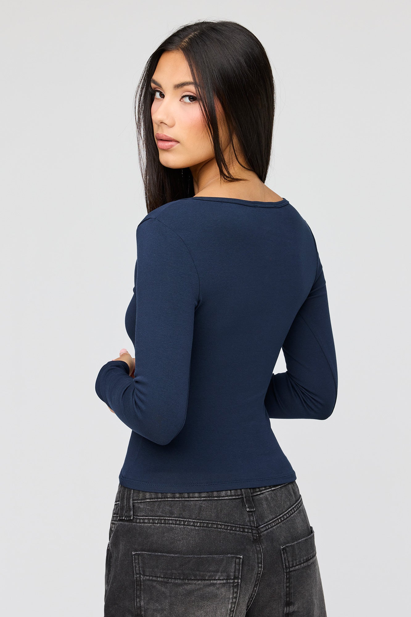 V-Notch Button-Up Long Sleeve Top