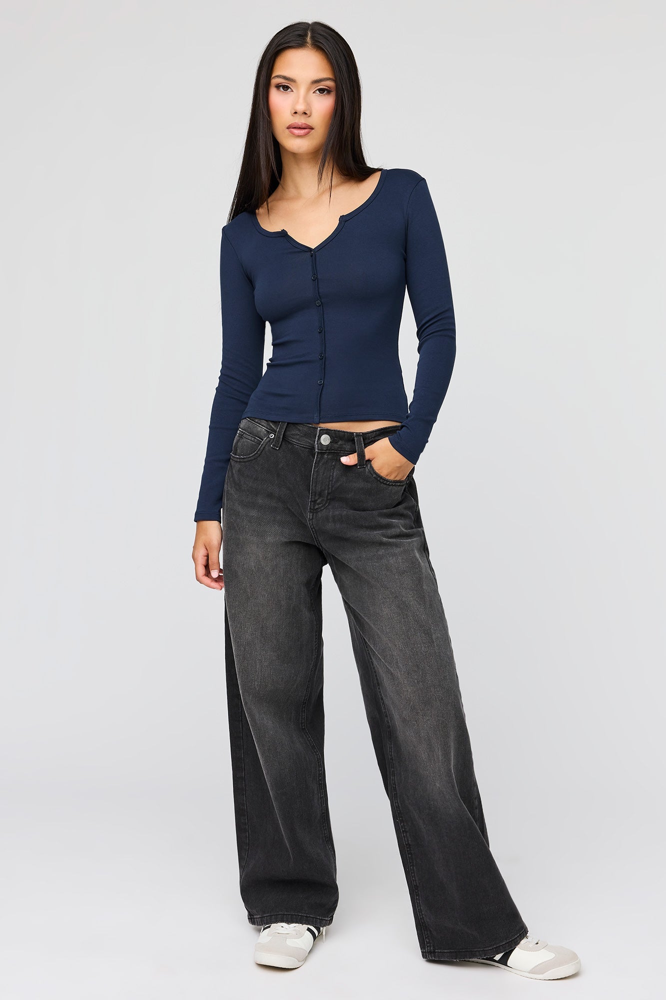 V-Notch Button-Up Long Sleeve Top
