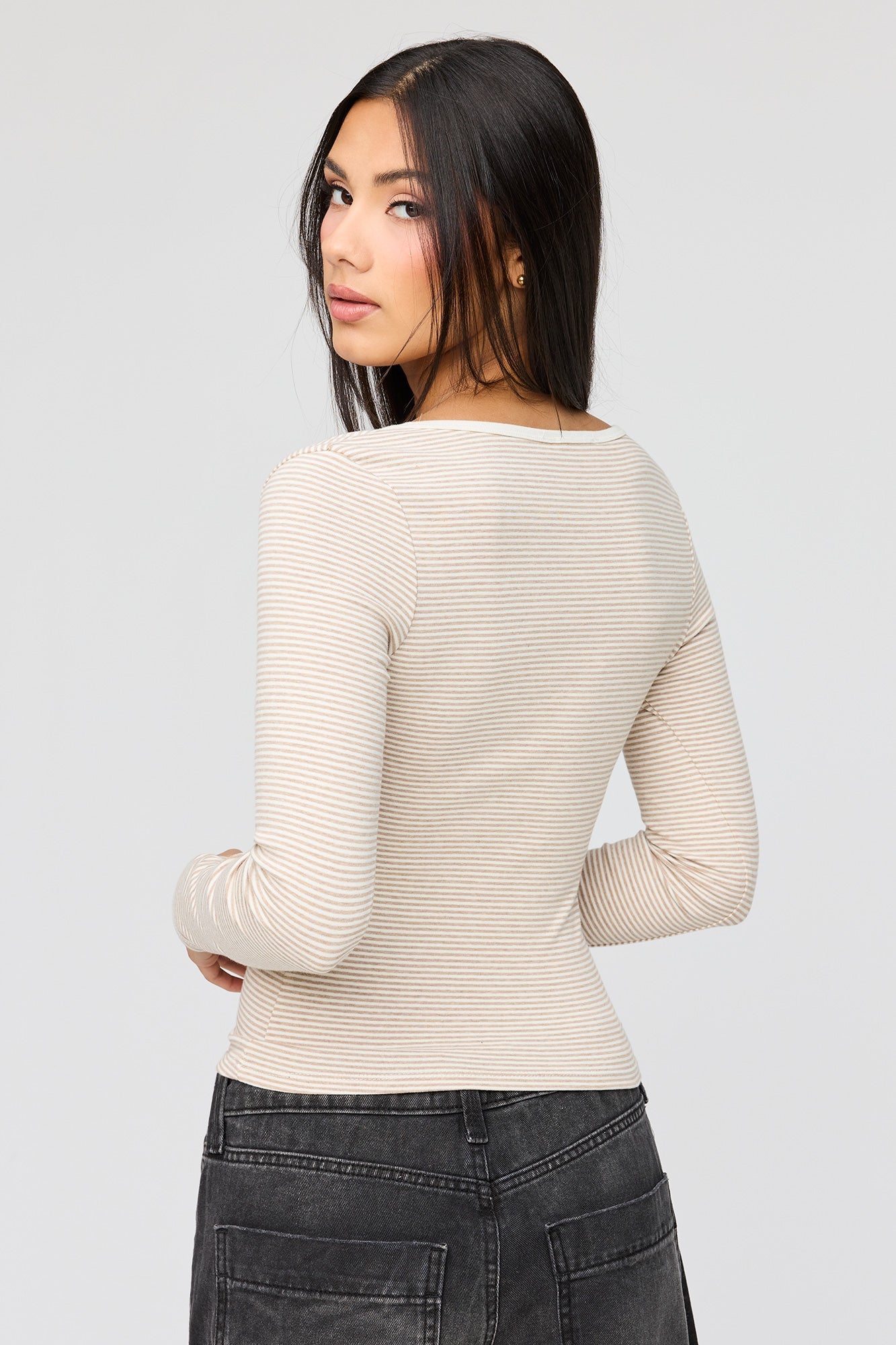 V-Notch Button-Up Long Sleeve Top