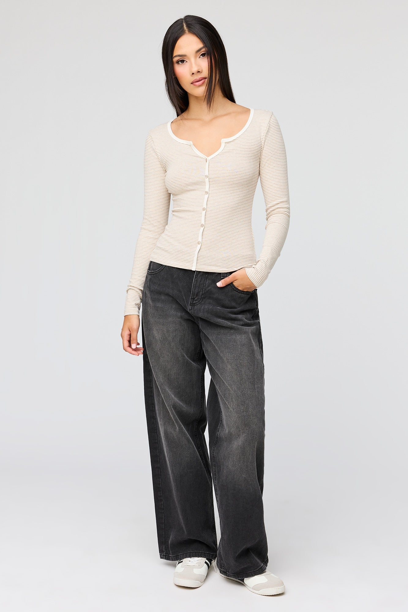 V-Notch Button-Up Long Sleeve Top