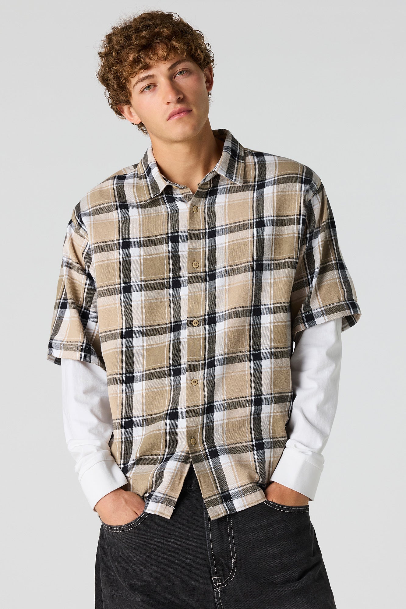 Plaid Twofer Long Sleeve Button-Up Top