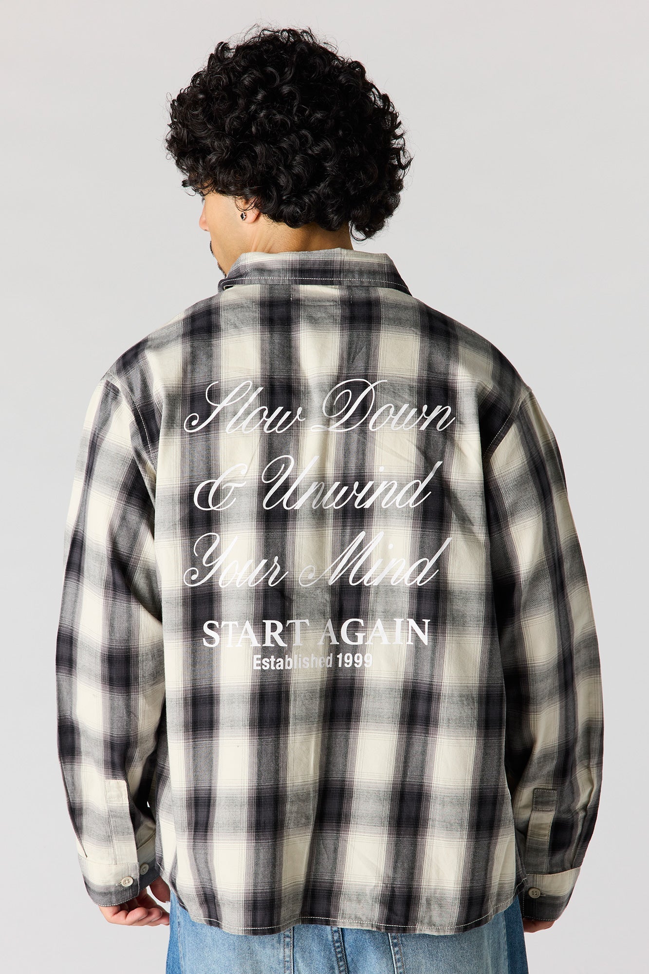Graphic Plaid Long Sleeve Button-Up Top