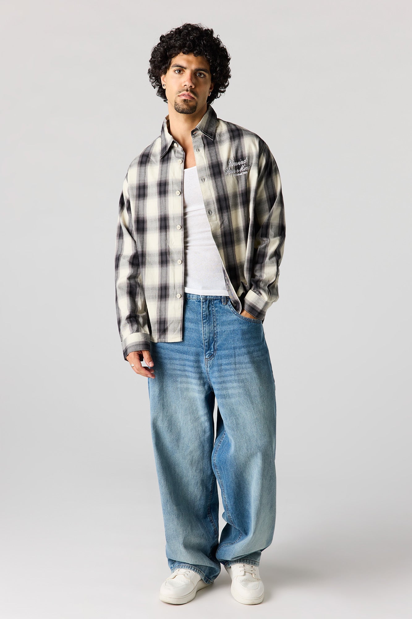 Graphic Plaid Long Sleeve Button-Up Top