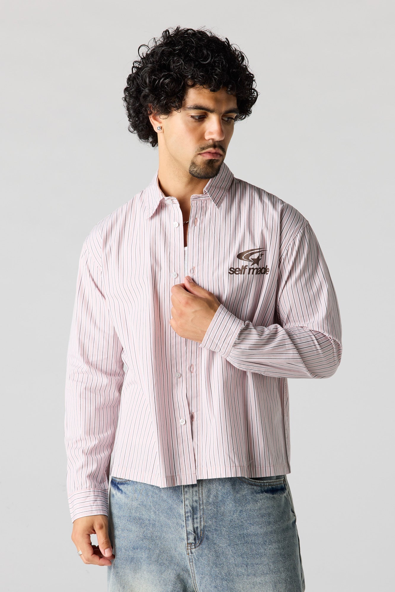 Pinstriped Graphic Button-Up Top