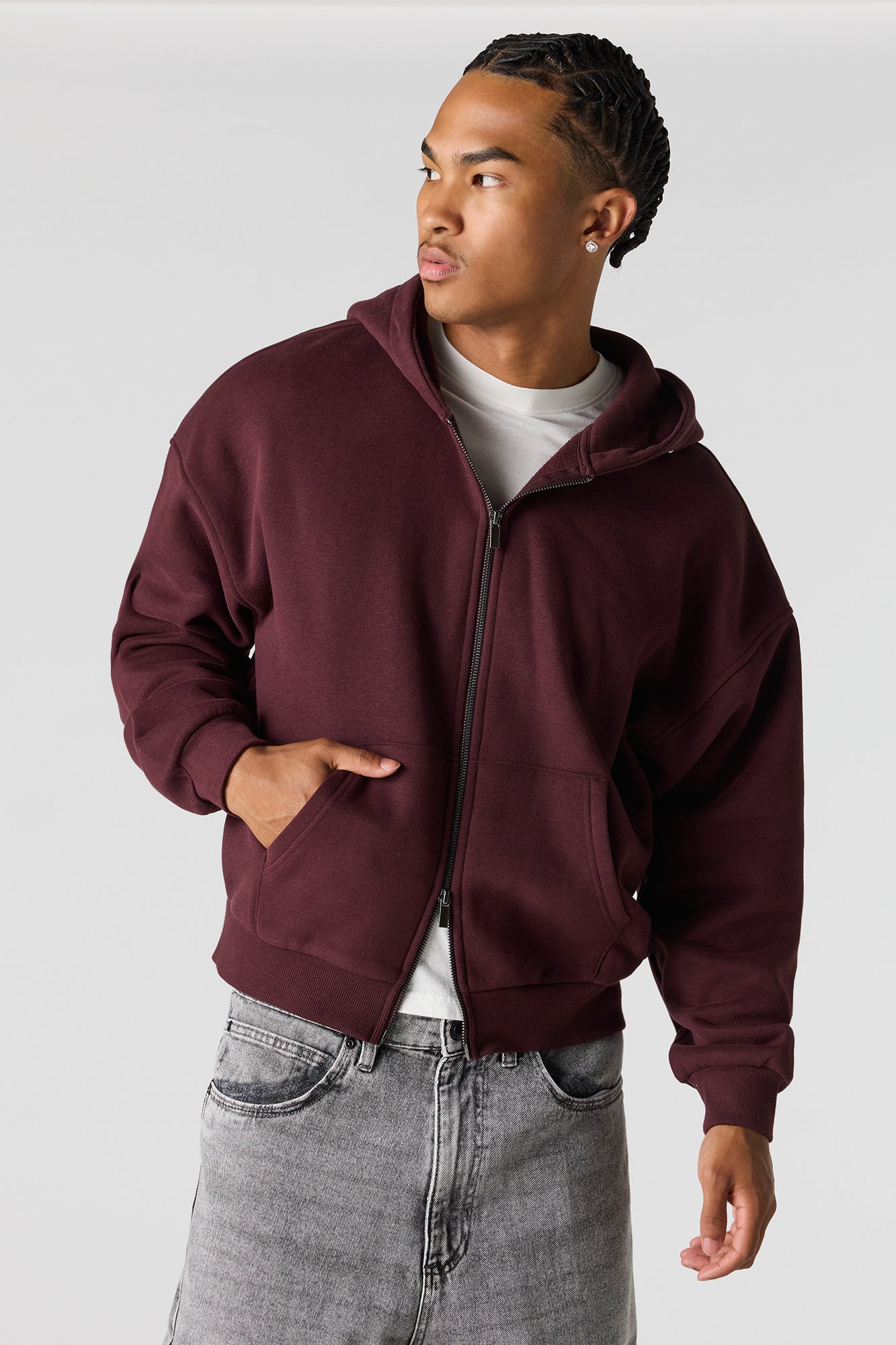 2-Way Zip-Up Boxy Feece Hoodie