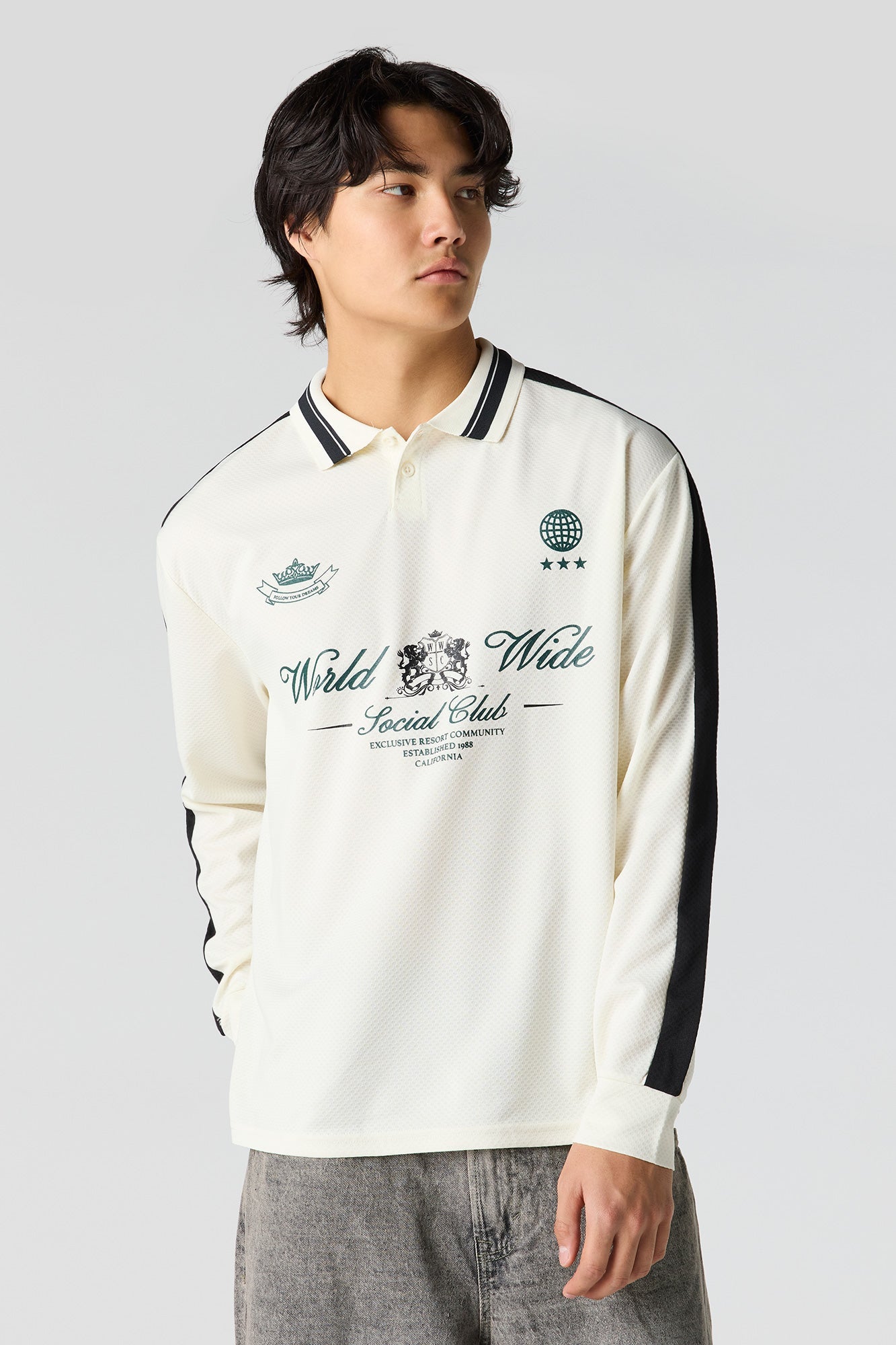 Textured Graphic Long Sleeve Polo