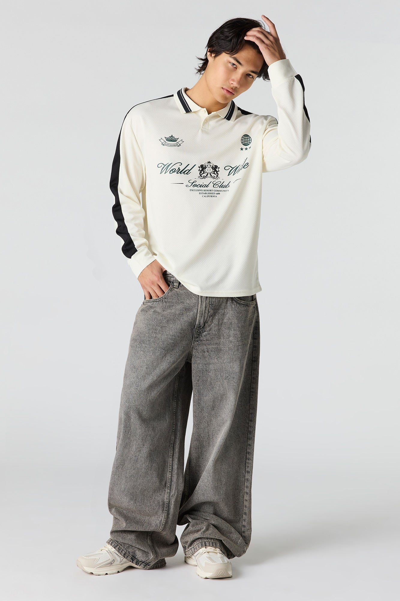 Textured Graphic Long Sleeve Polo