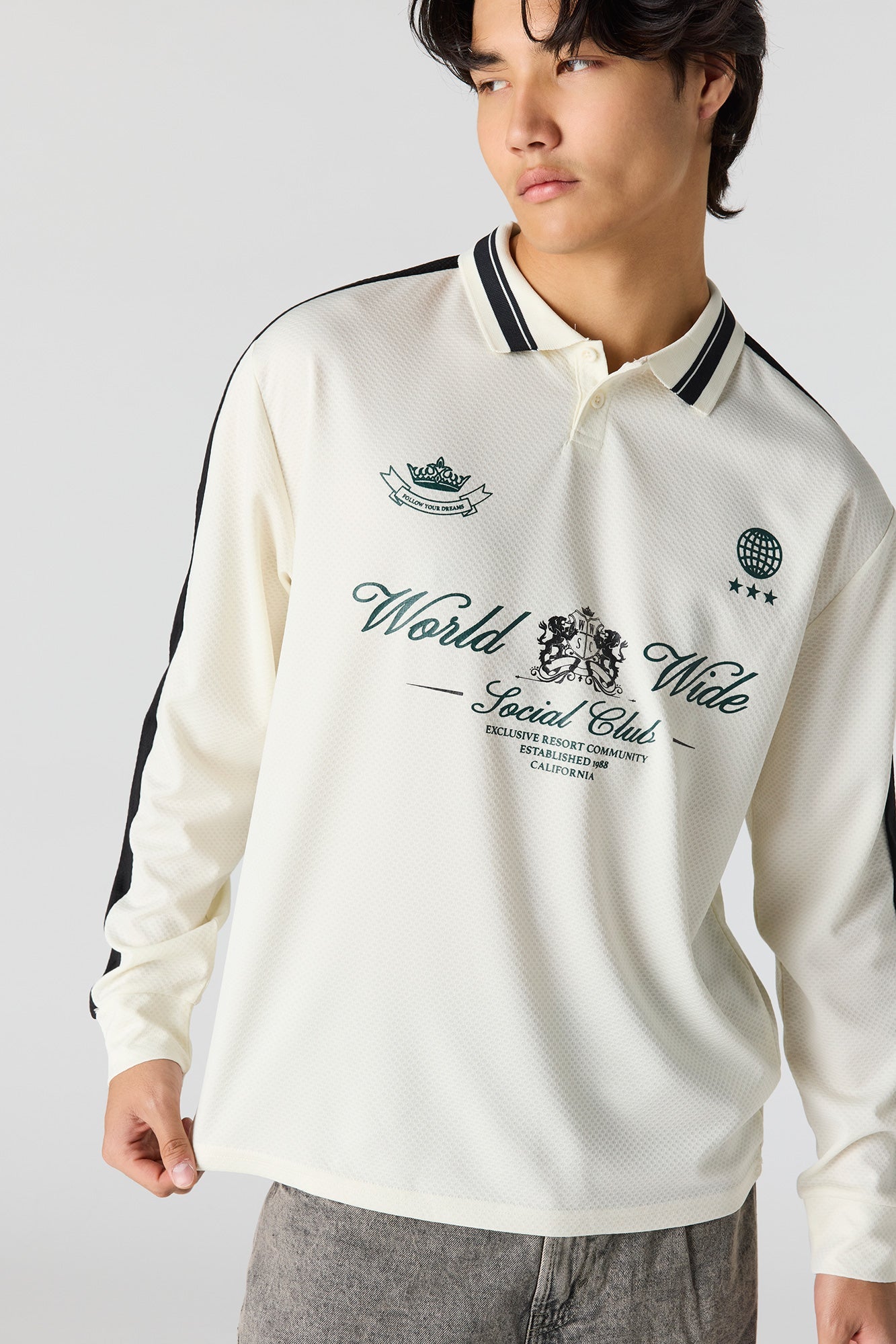 Textured Graphic Long Sleeve Polo