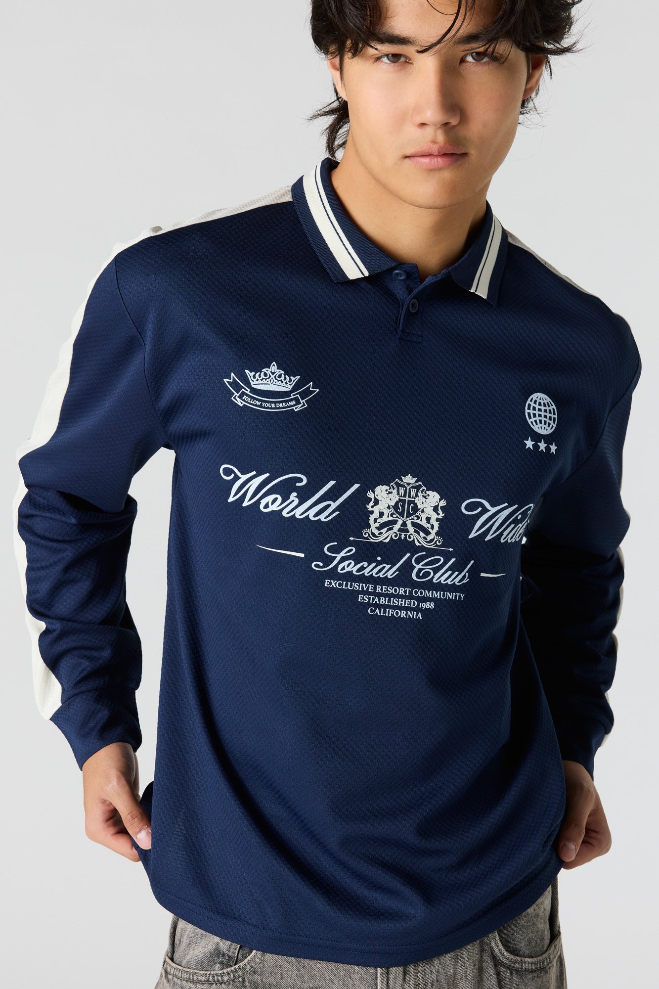 Textured Graphic Long Sleeve Polo