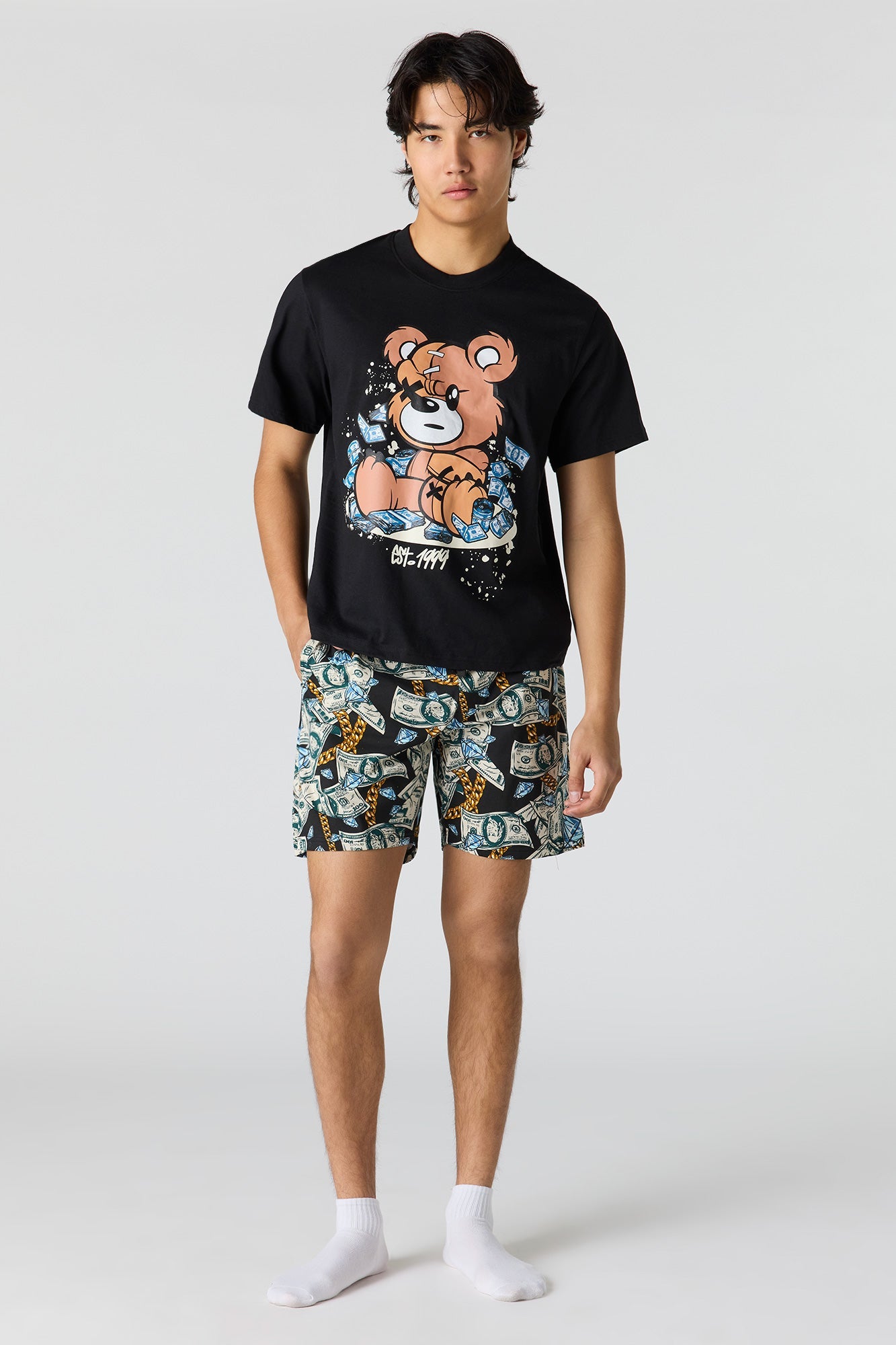 Graphic Tee & Printed Short Pajama Set