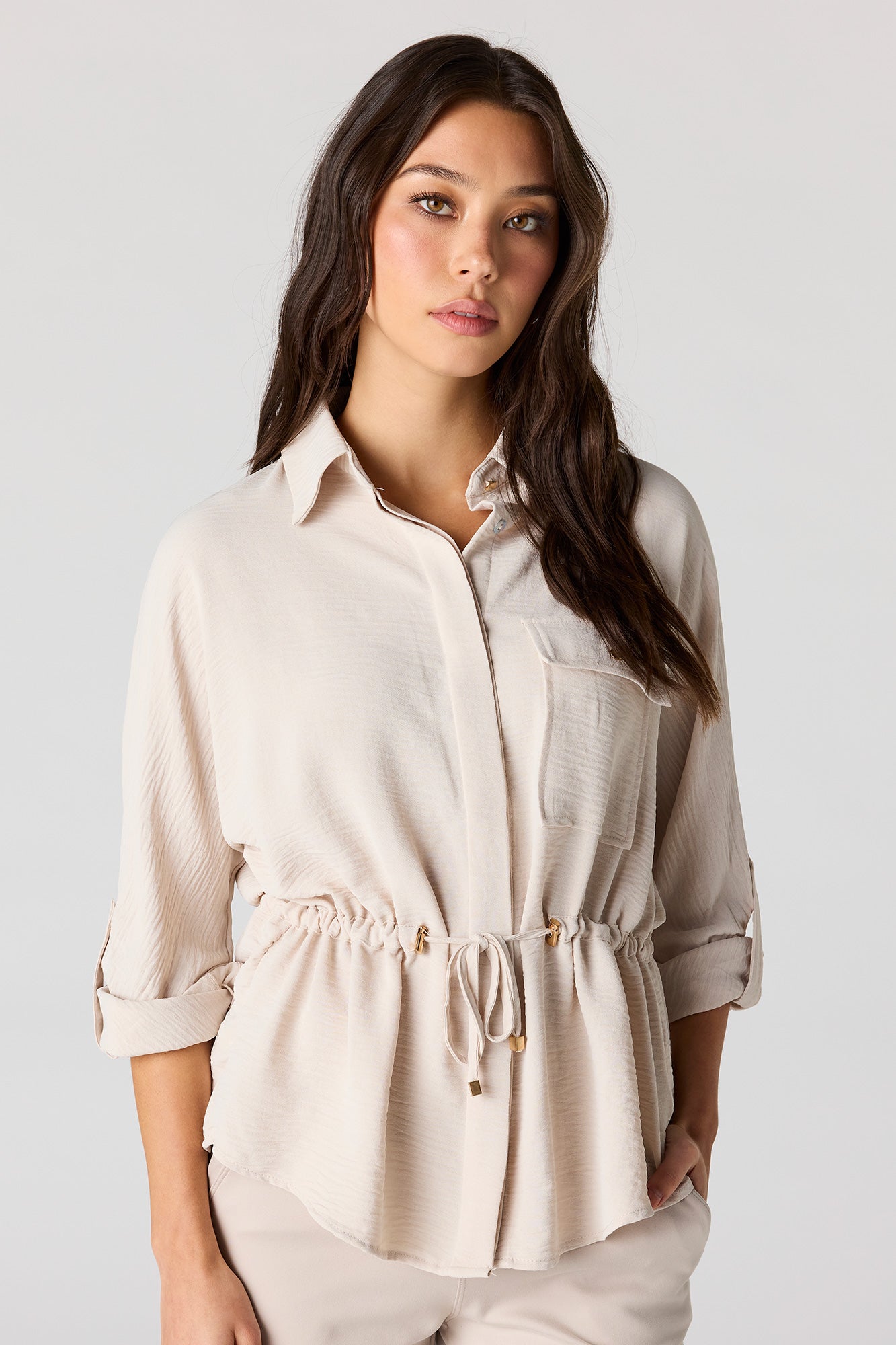Drawstring Waist Button-Up Top