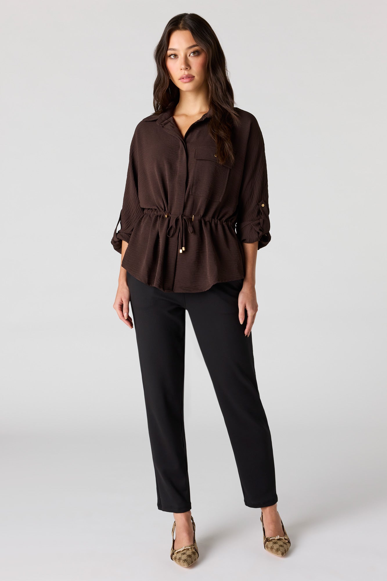 Drawstring Waist Button-Up Top