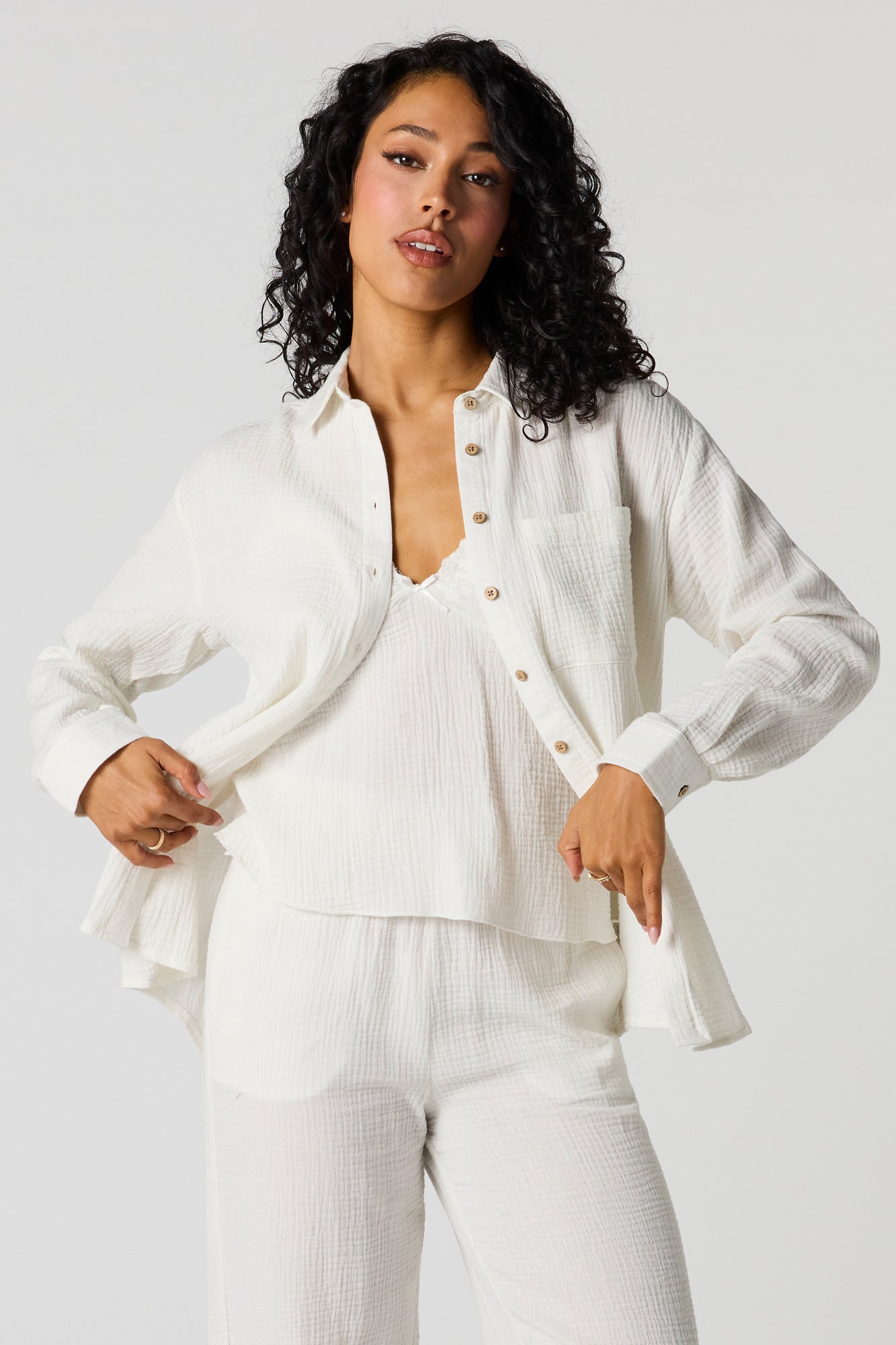 Gauze Relaxed Button-Up Top