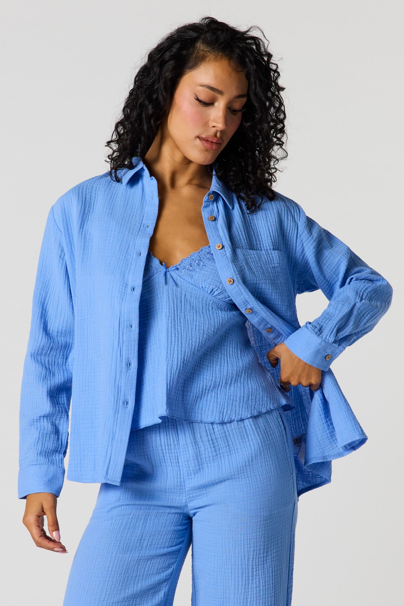 Gauze Relaxed Button-Up Top