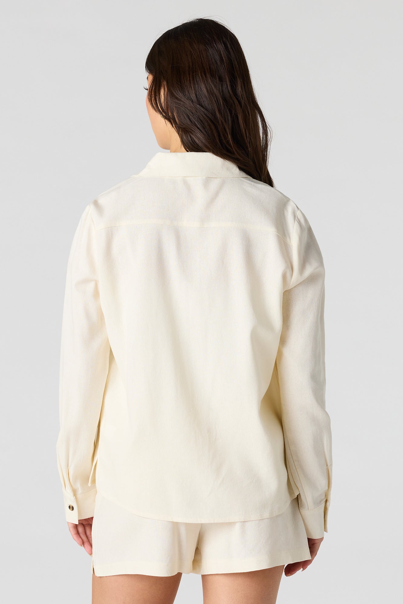 Linen-Blend Button-Up Collared Top