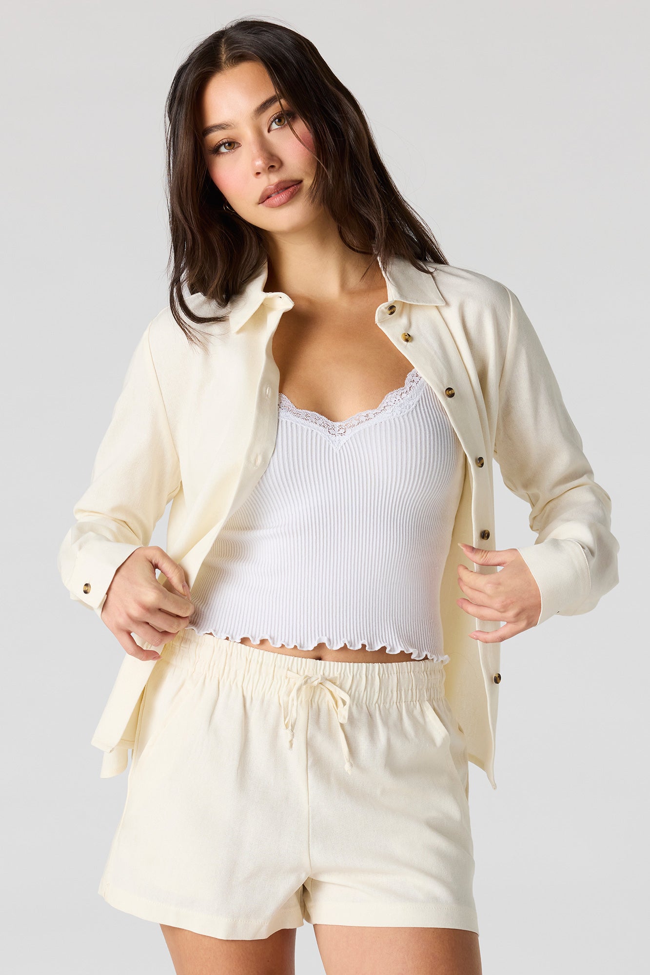 Linen-Blend Button-Up Collared Top