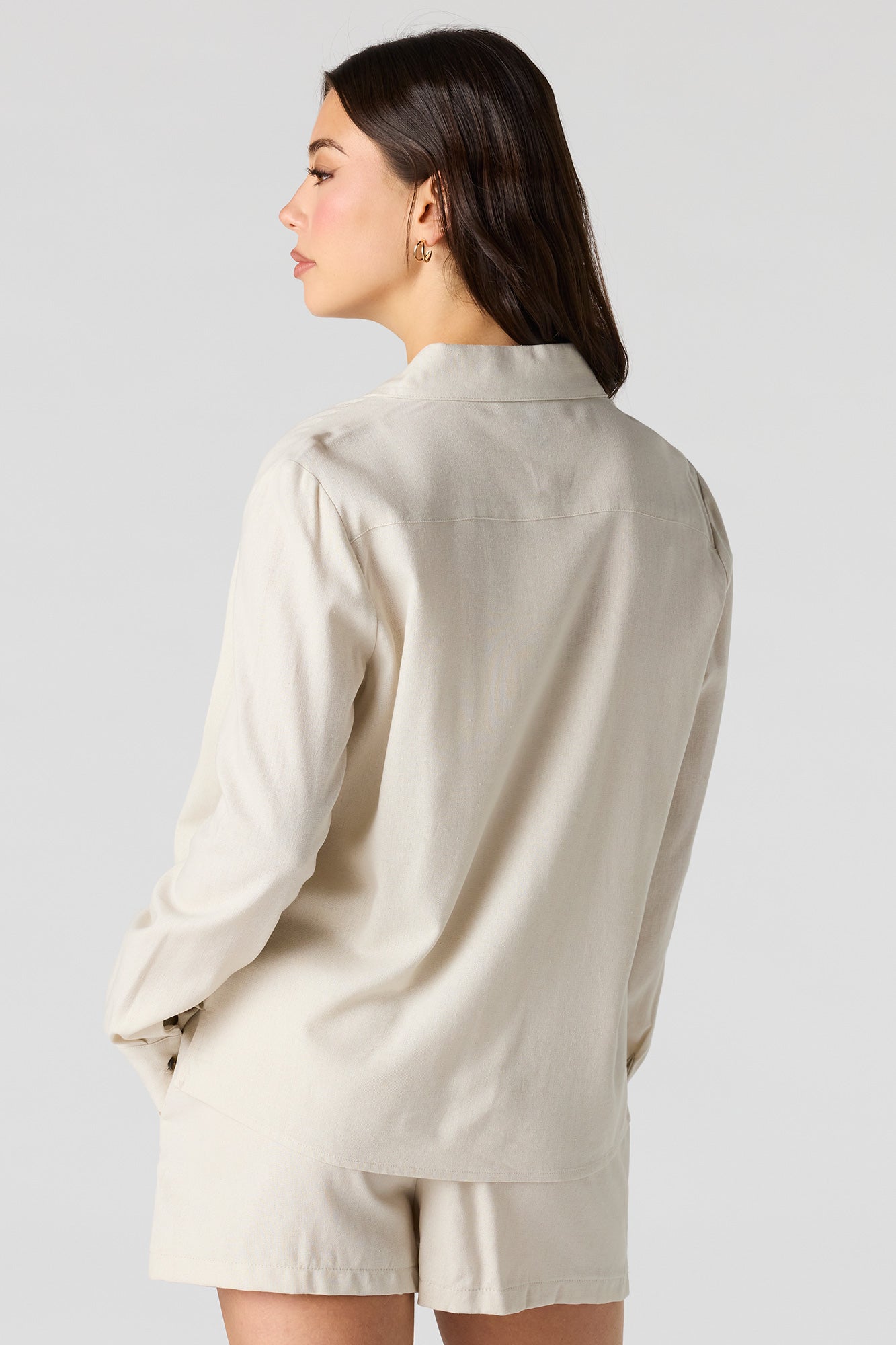 Linen-Blend Button-Up Collared Top