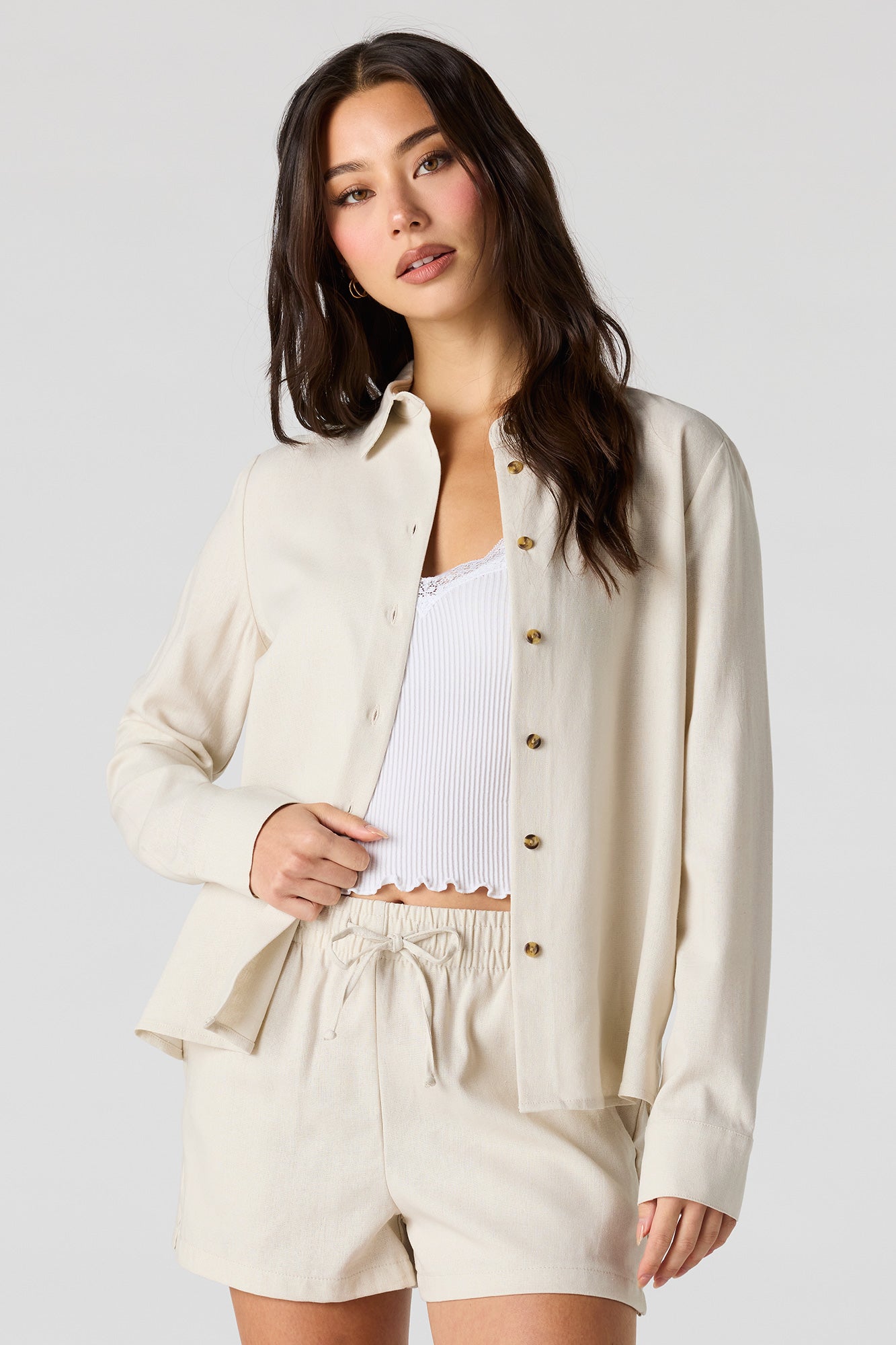 Linen-Blend Button-Up Collared Top