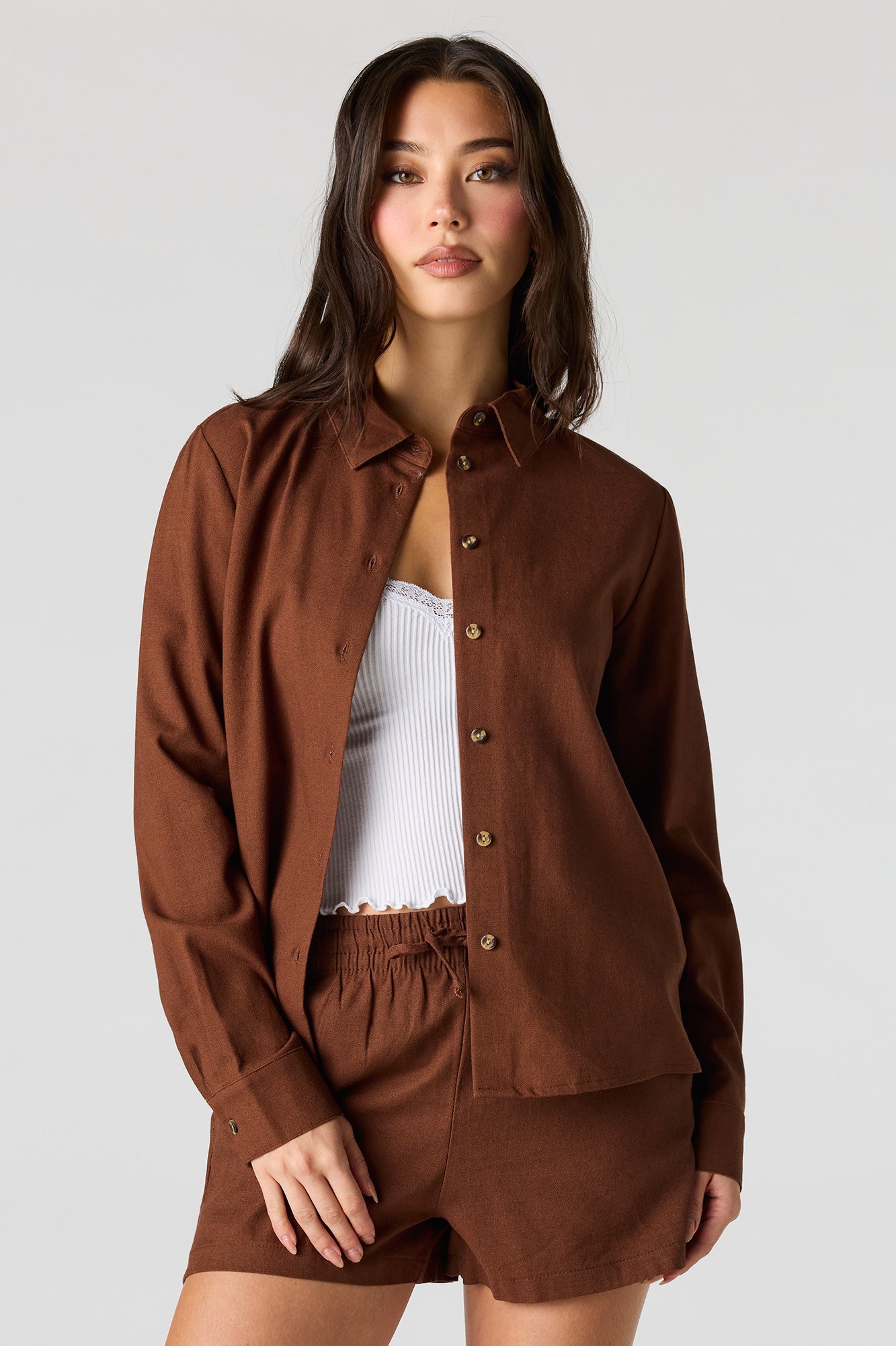 Linen-Blend Button-Up Collared Top
