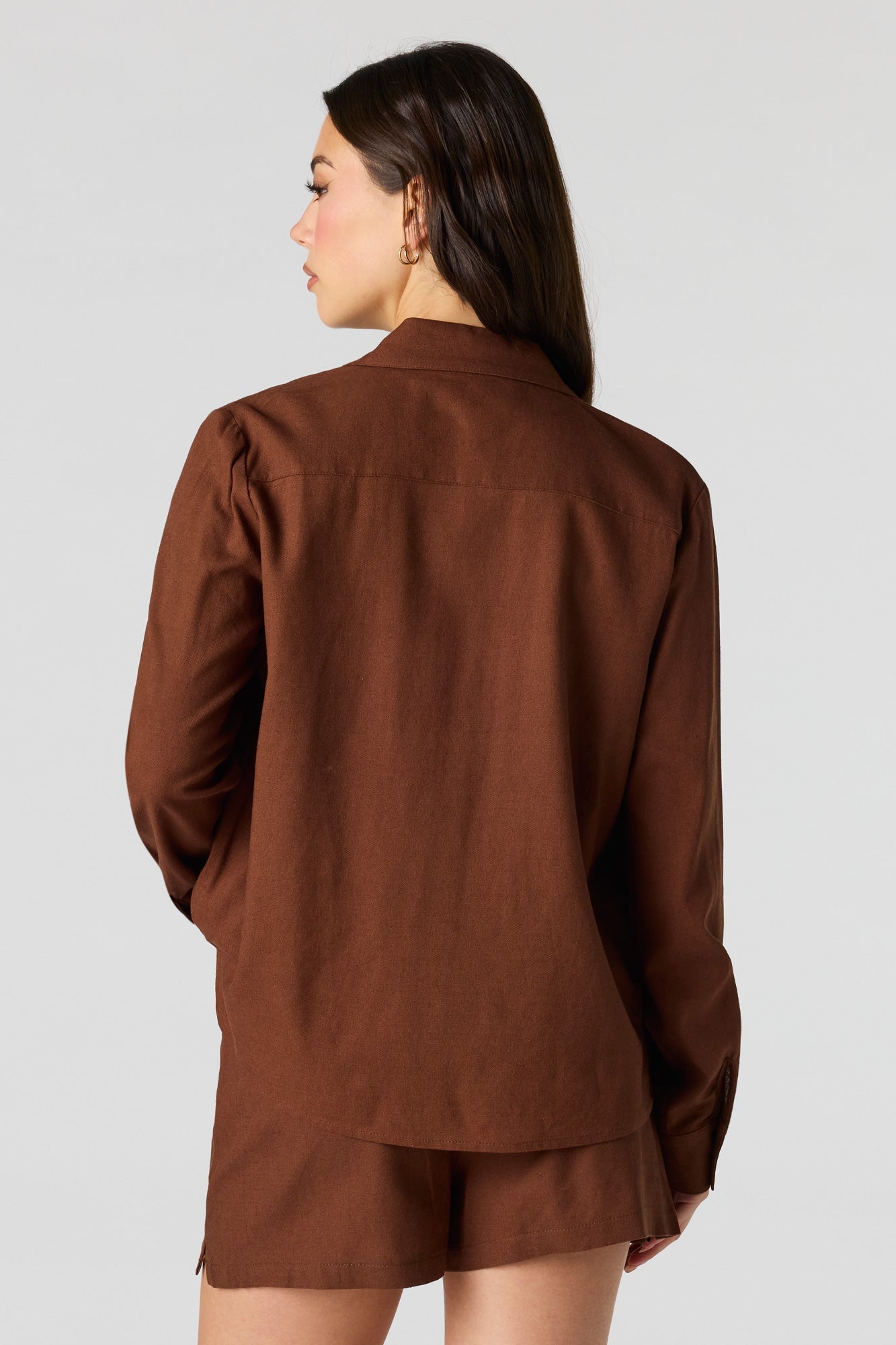 Linen-Blend Button-Up Collared Top