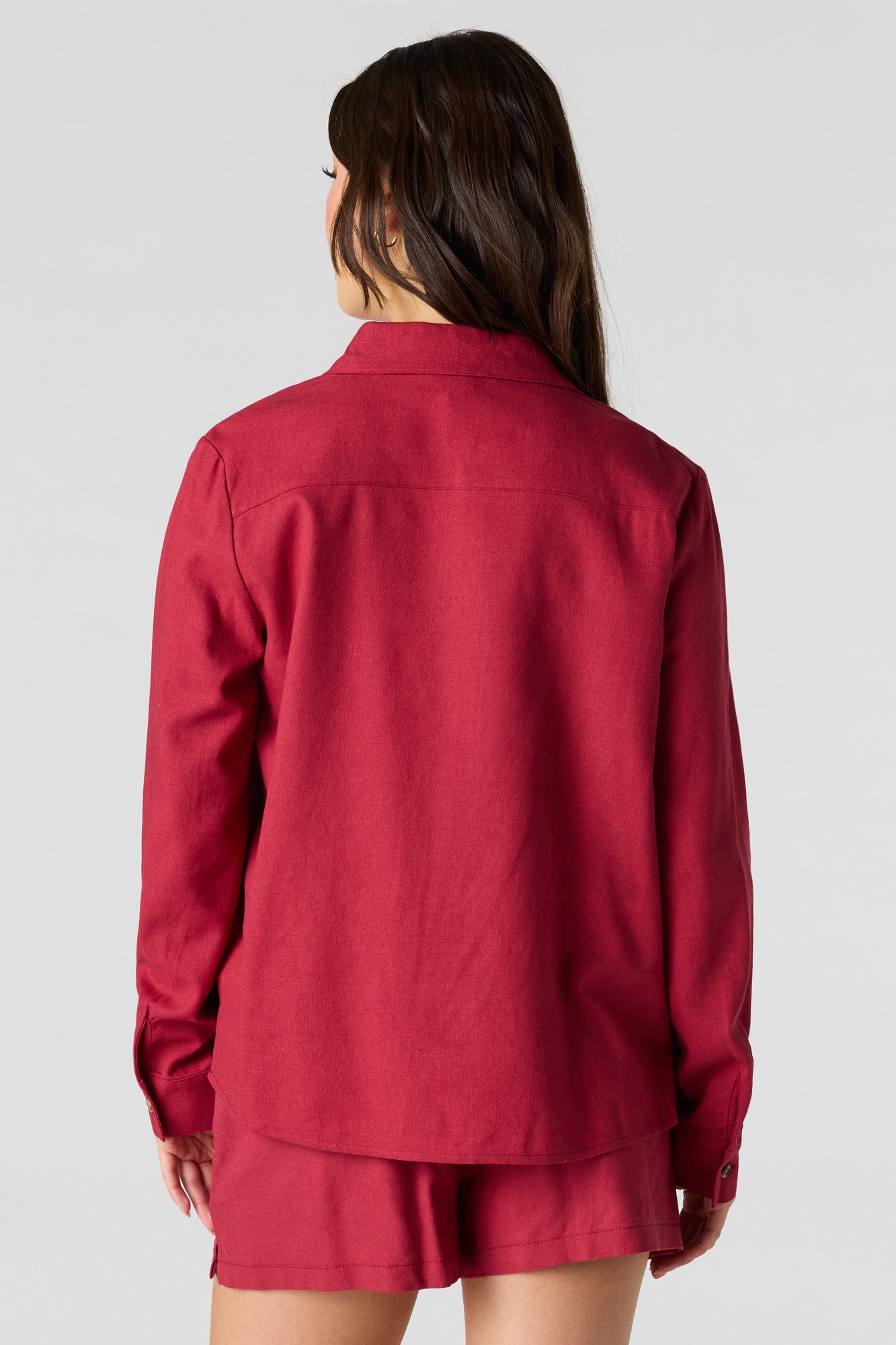 Linen-Blend Button-Up Collared Top