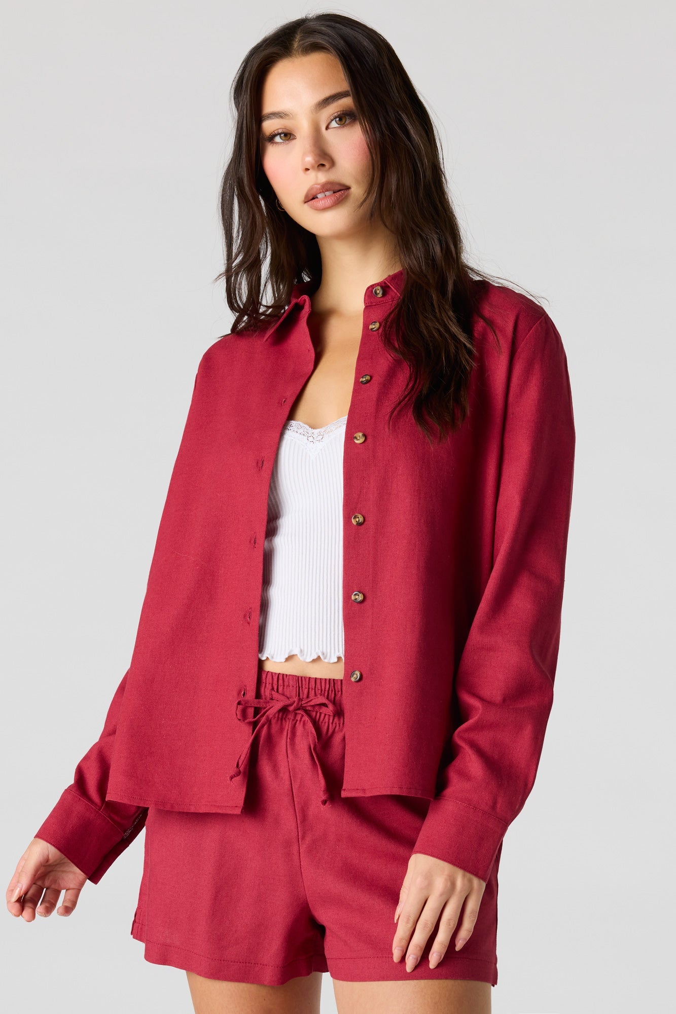 Linen-Blend Button-Up Collared Top