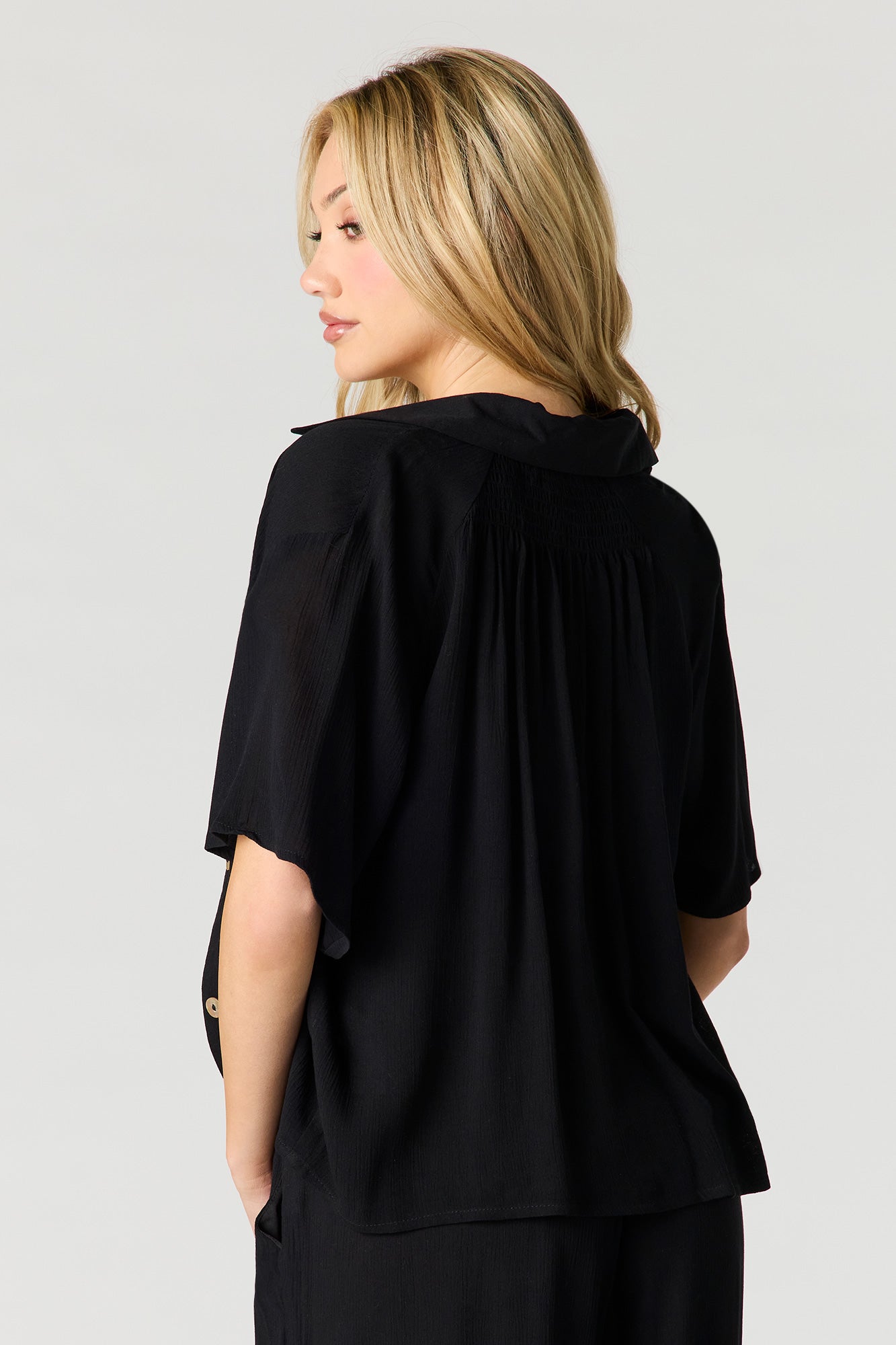 Crinkled Short Sleeve Button-Up Top