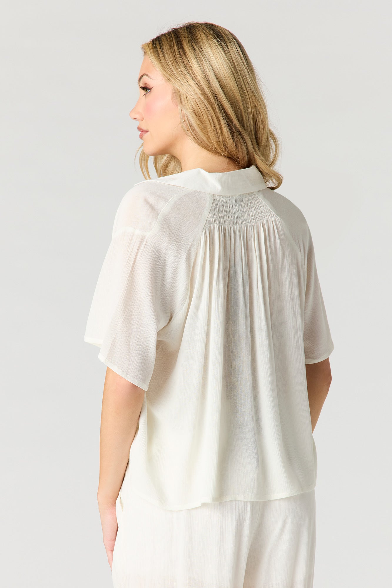 Crinkled Short Sleeve Button-Up Top