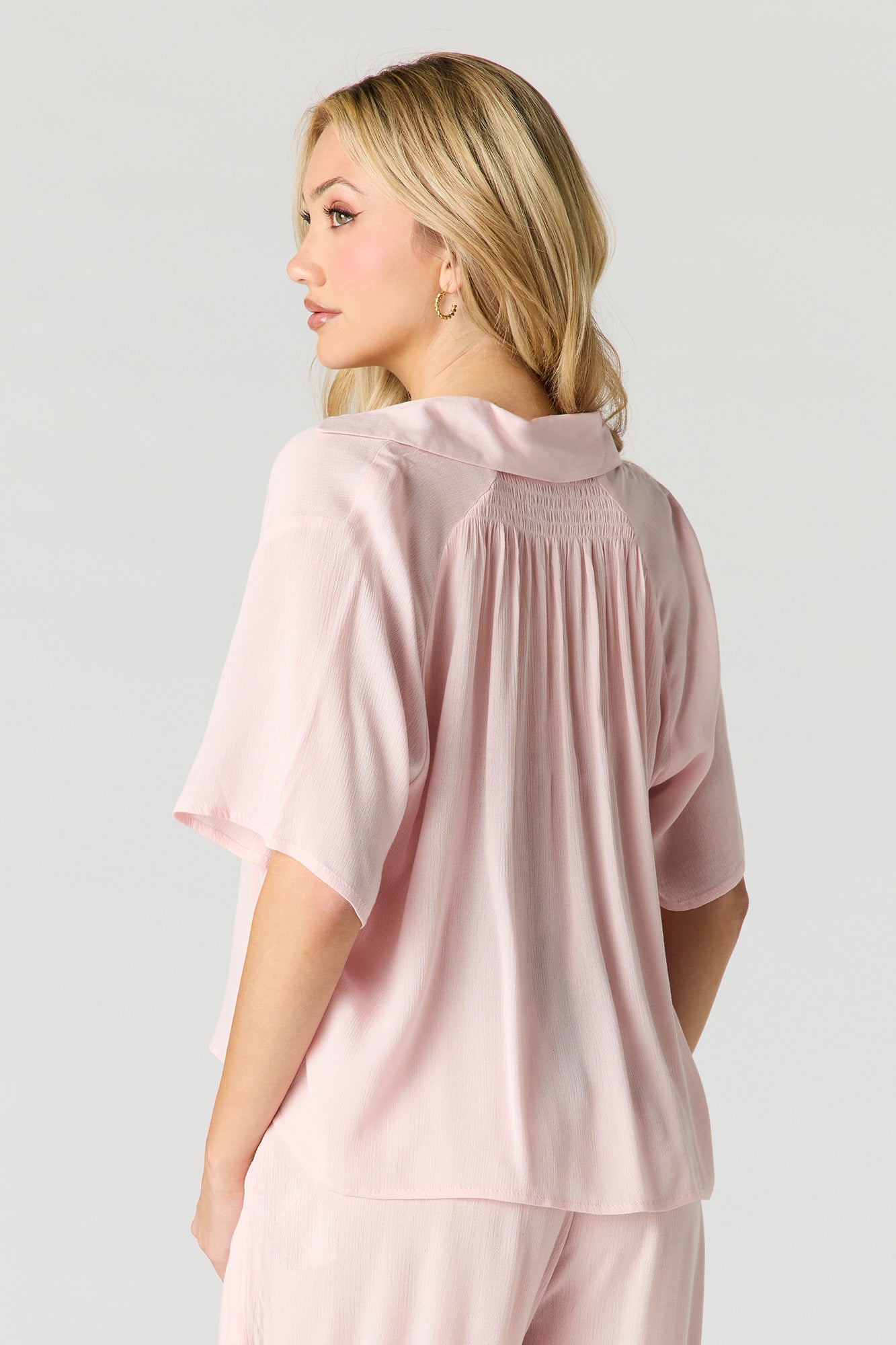 Crinkled Short Sleeve Button-Up Top