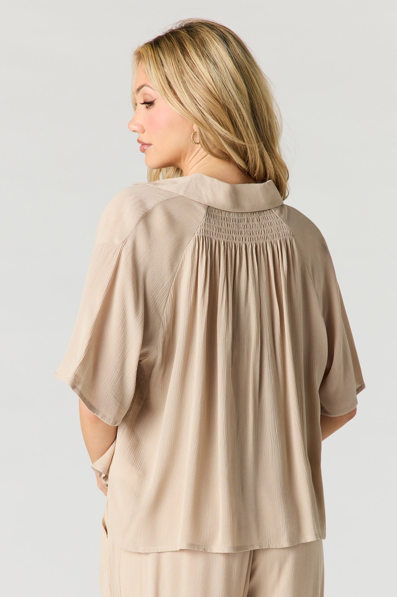 Crinkled Short Sleeve Button-Up Top