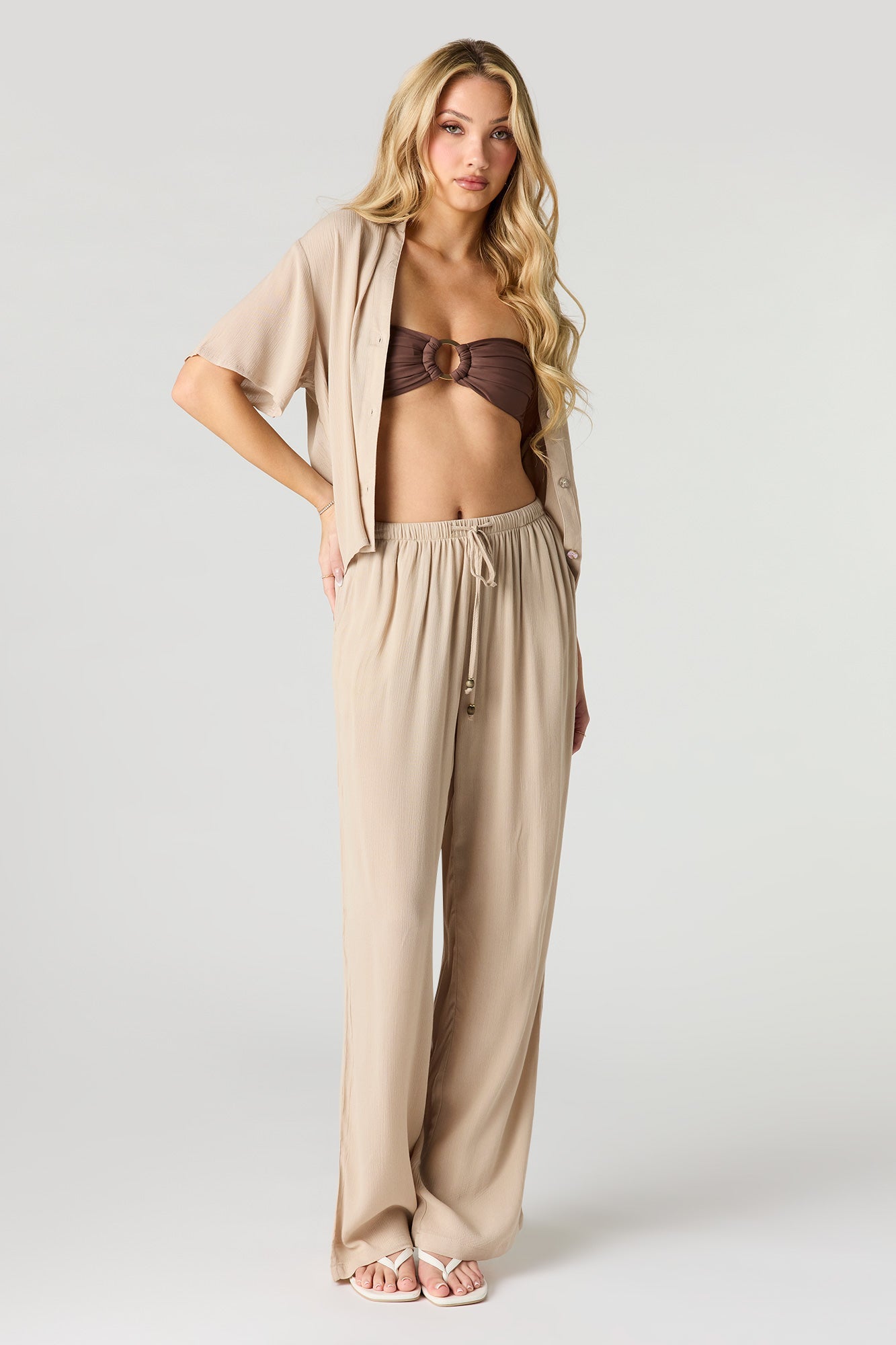 Crinkled Short Sleeve Button-Up Top