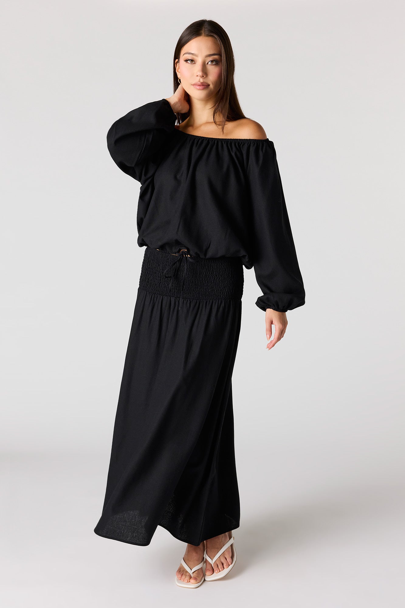 Linen-Blend Off Shoulder Blouse