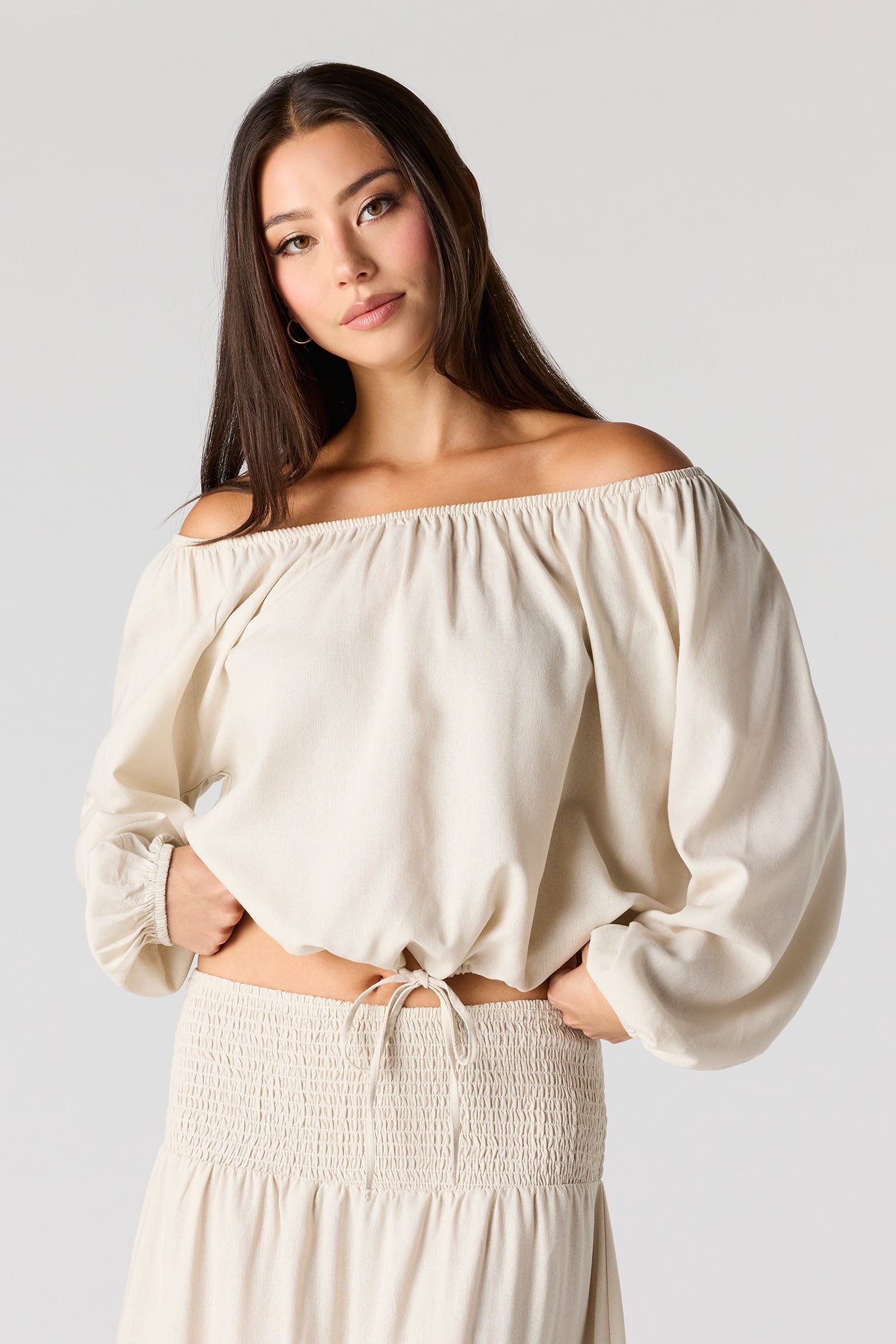 Linen-Blend Off Shoulder Blouse
