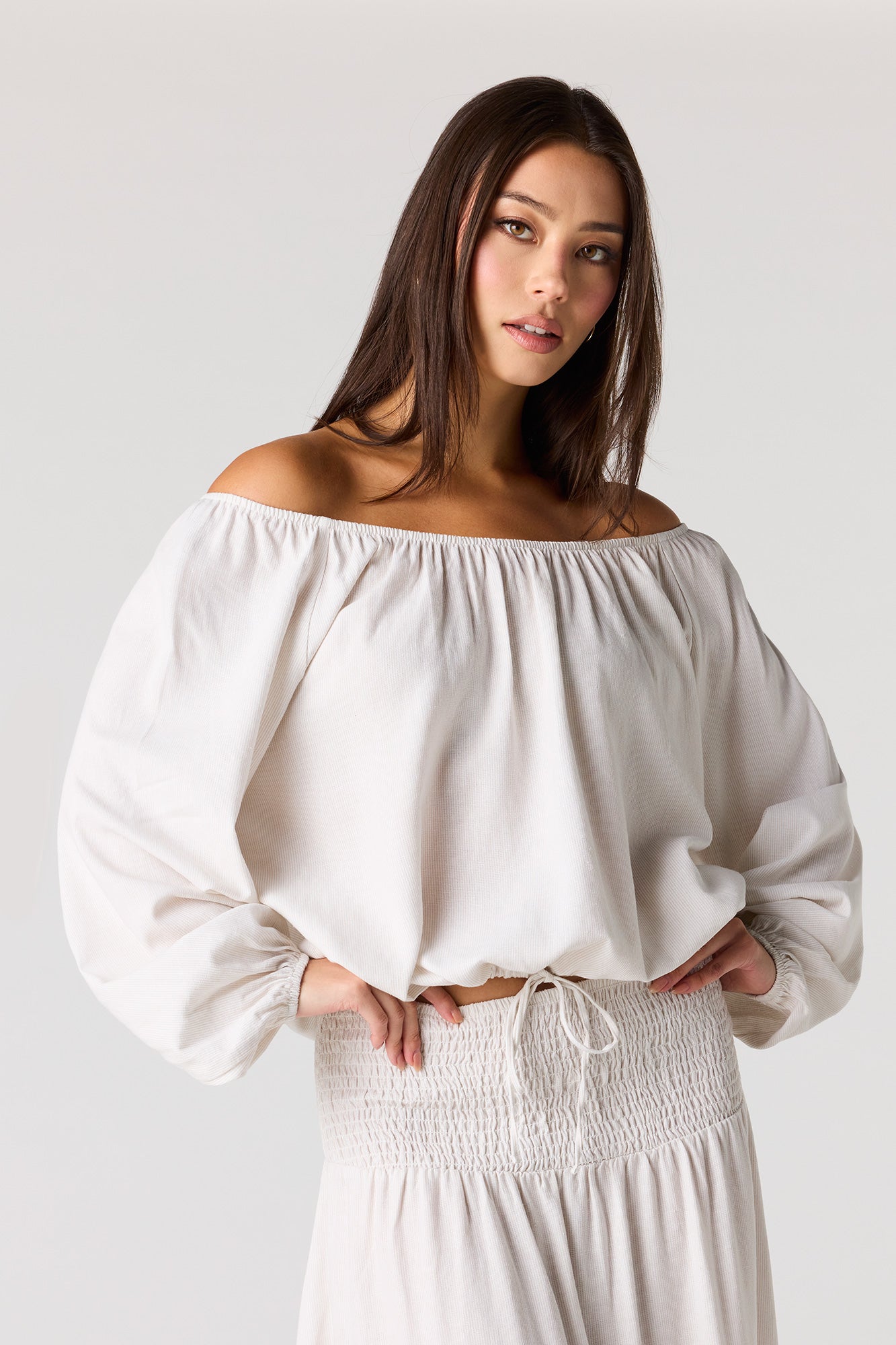 Linen-Blend Off Shoulder Blouse