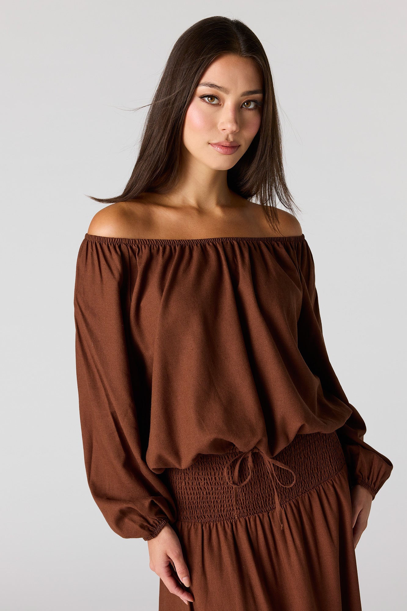 Linen-Blend Off Shoulder Blouse