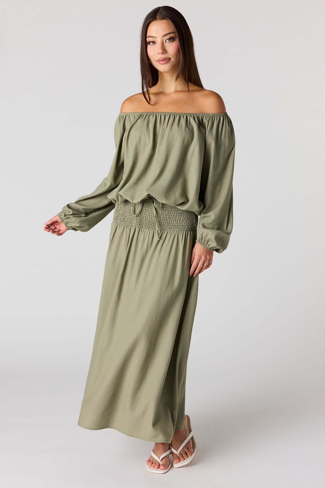 Linen-Blend Off Shoulder Blouse
