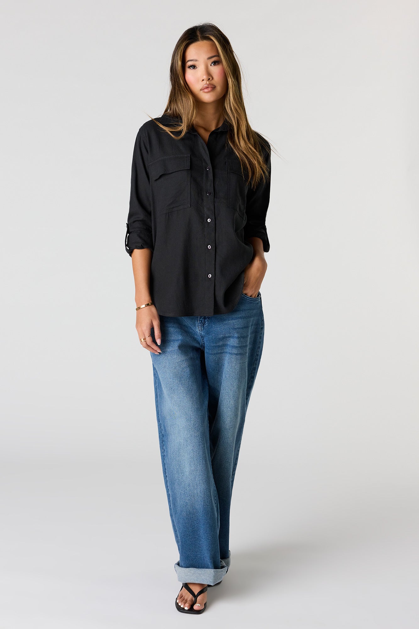 Linen-Blend Relaxed Button-Up Top