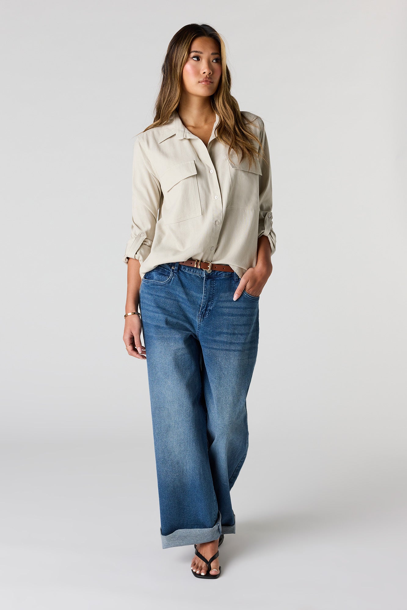 Linen-Blend Relaxed Button-Up Top