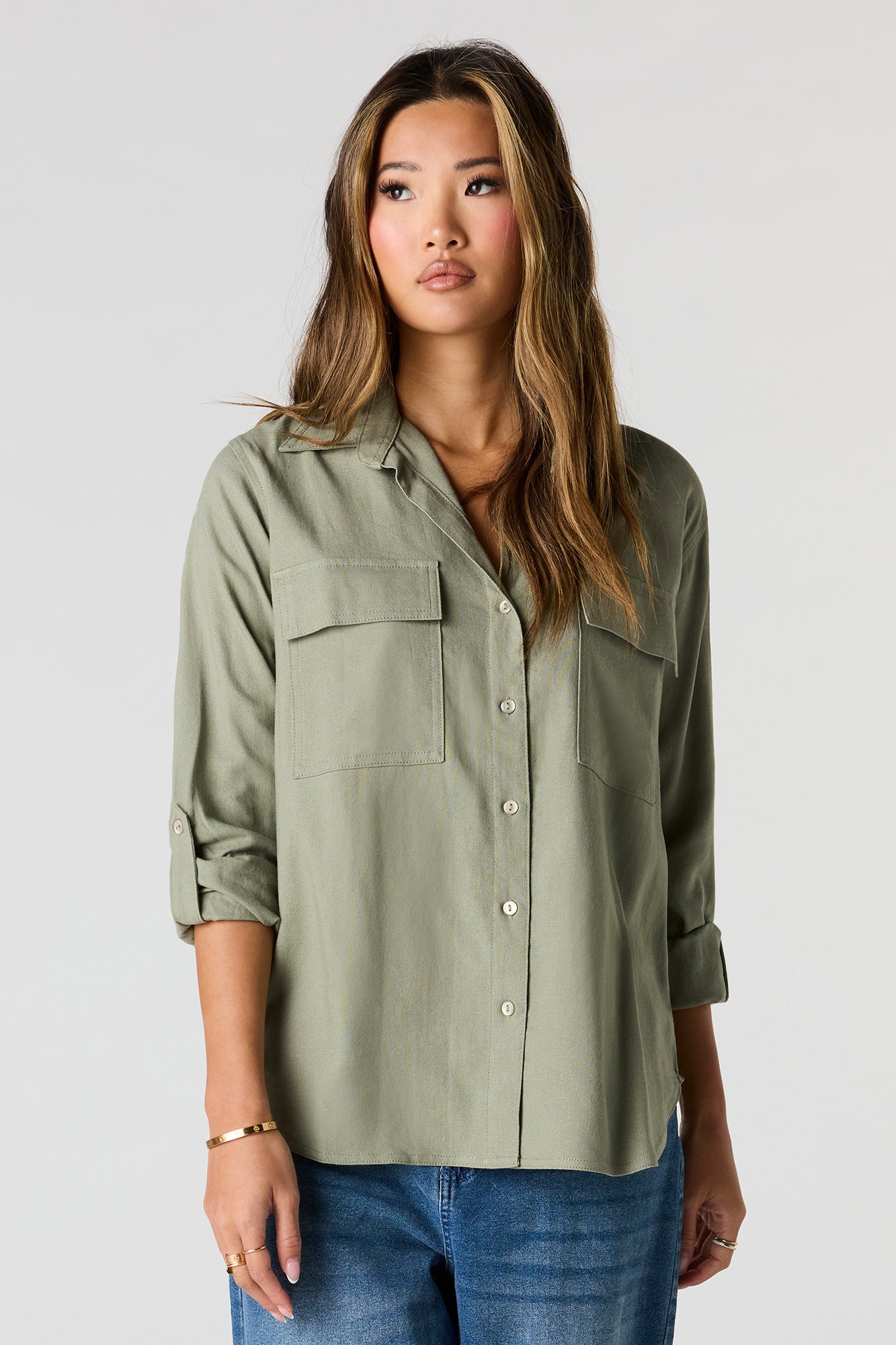 Linen-Blend Relaxed Button-Up Top