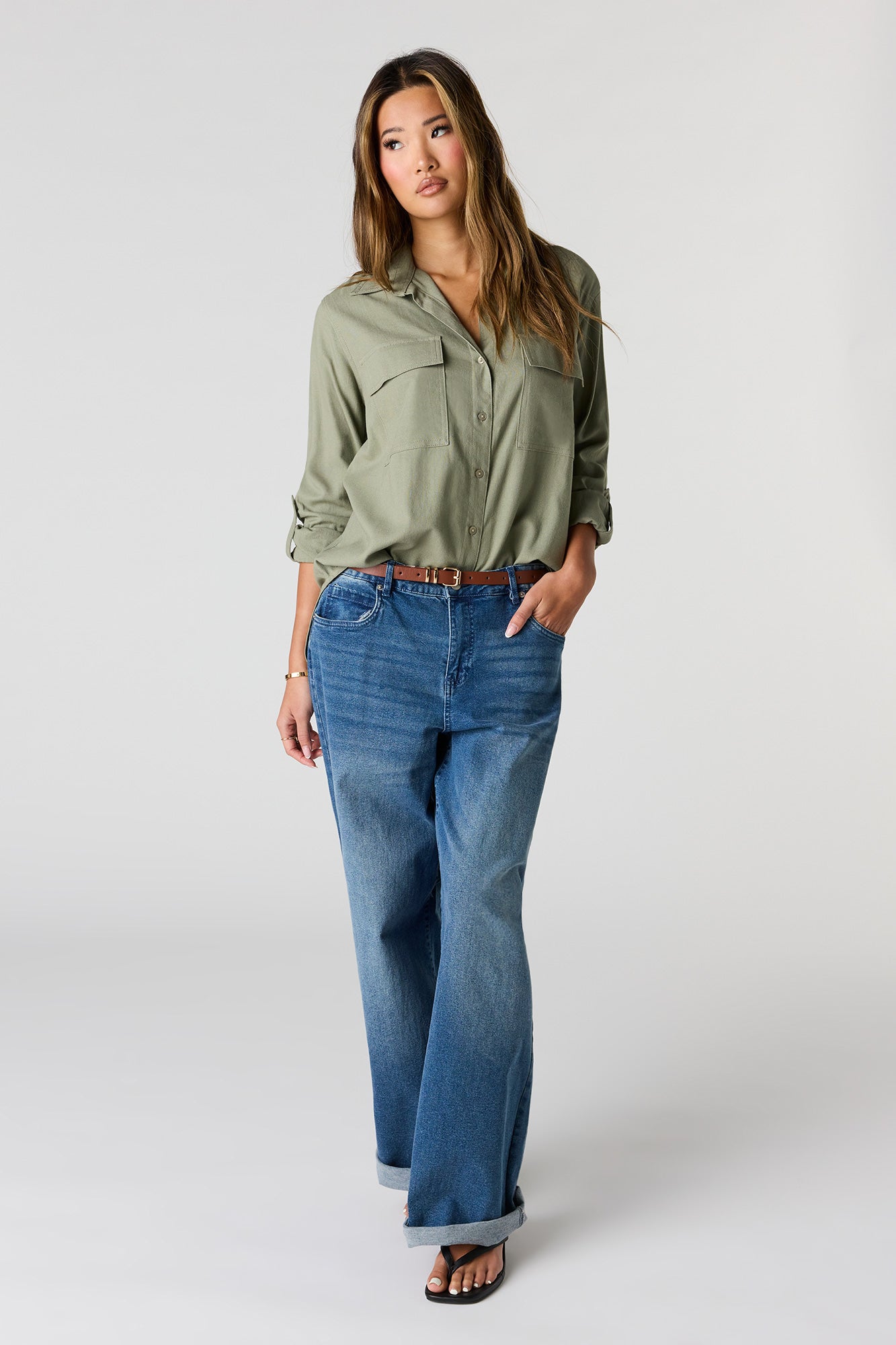 Linen-Blend Relaxed Button-Up Top