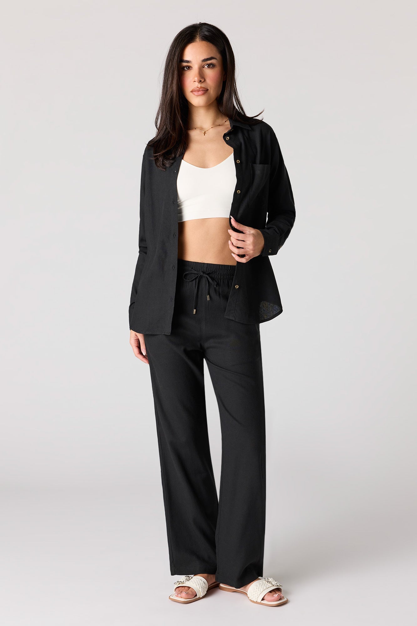Linen-Blend Button-Up Top