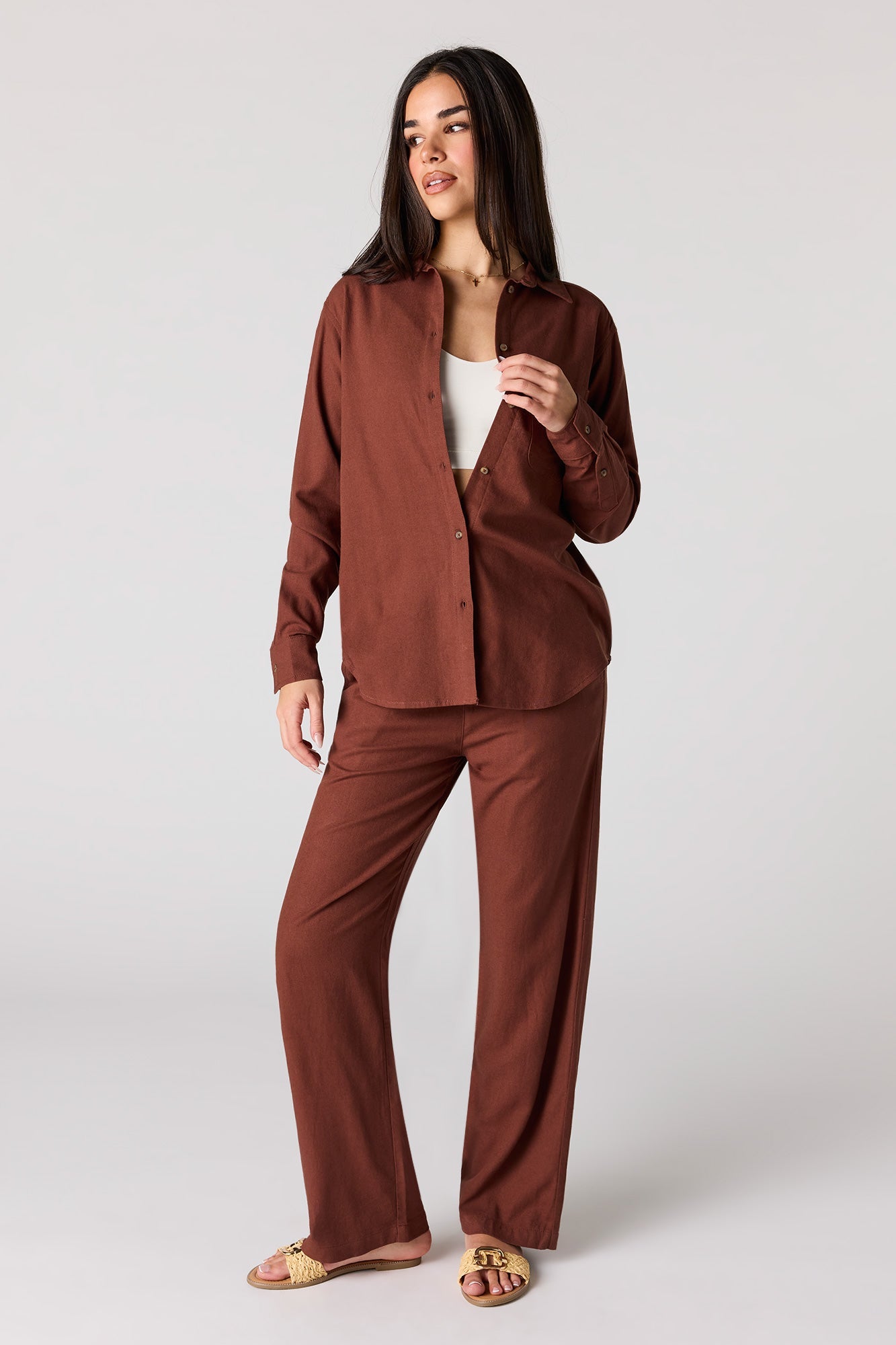 Linen-Blend Button-Up Top