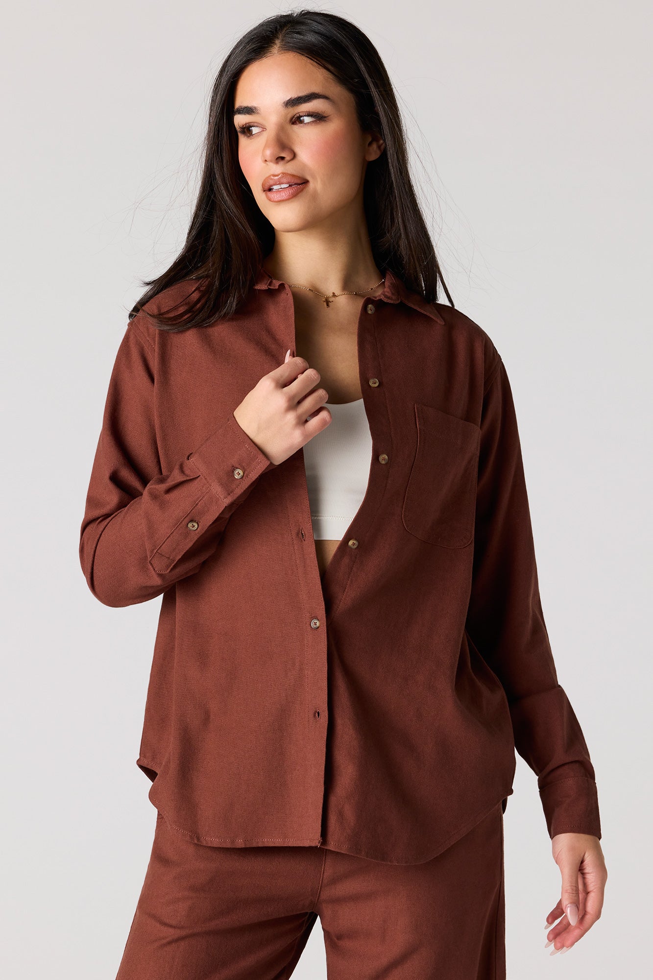 Linen-Blend Button-Up Top