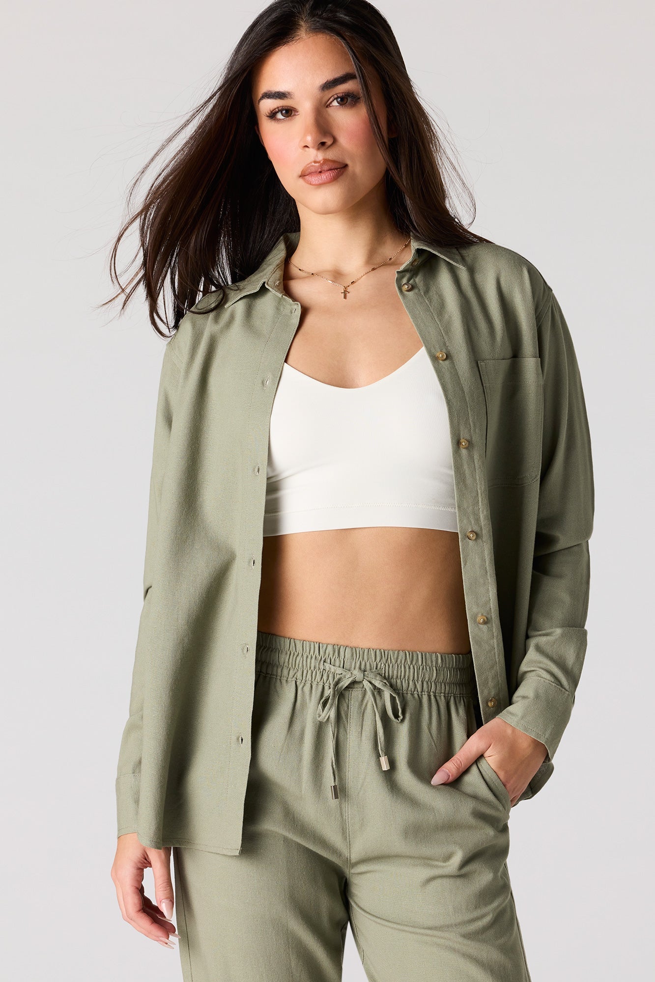 Linen-Blend Button-Up Top