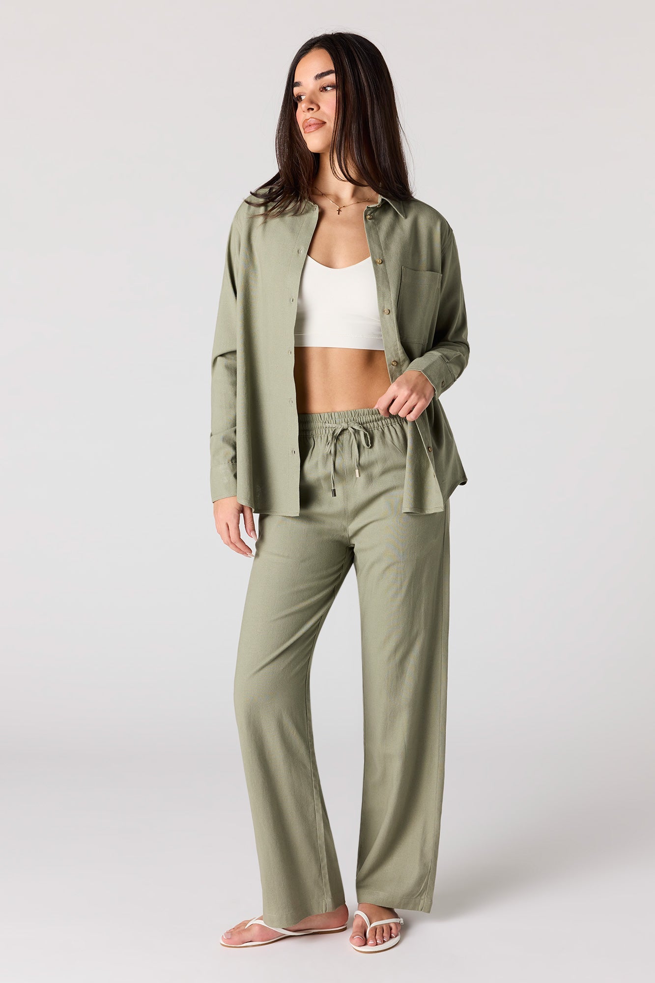 Linen-Blend Button-Up Top