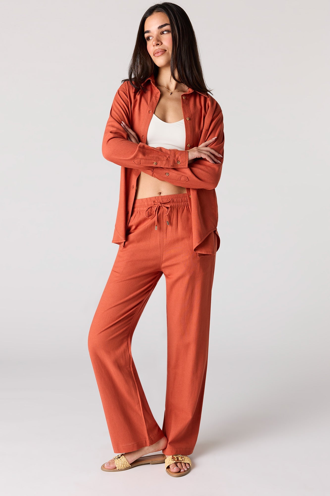 Linen-Blend Button-Up Top