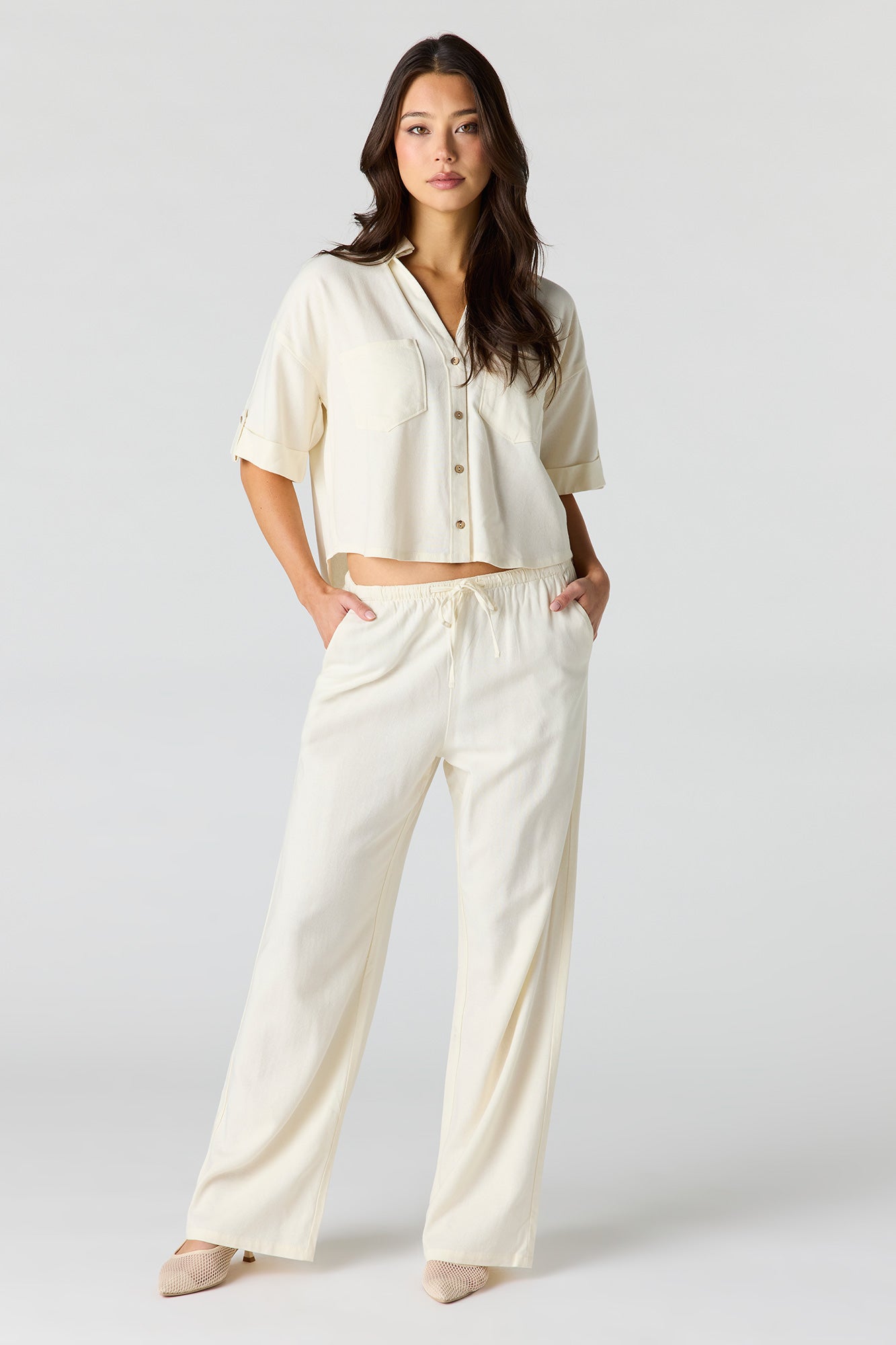 Linen-Blend Button-Up Collared Crop Top