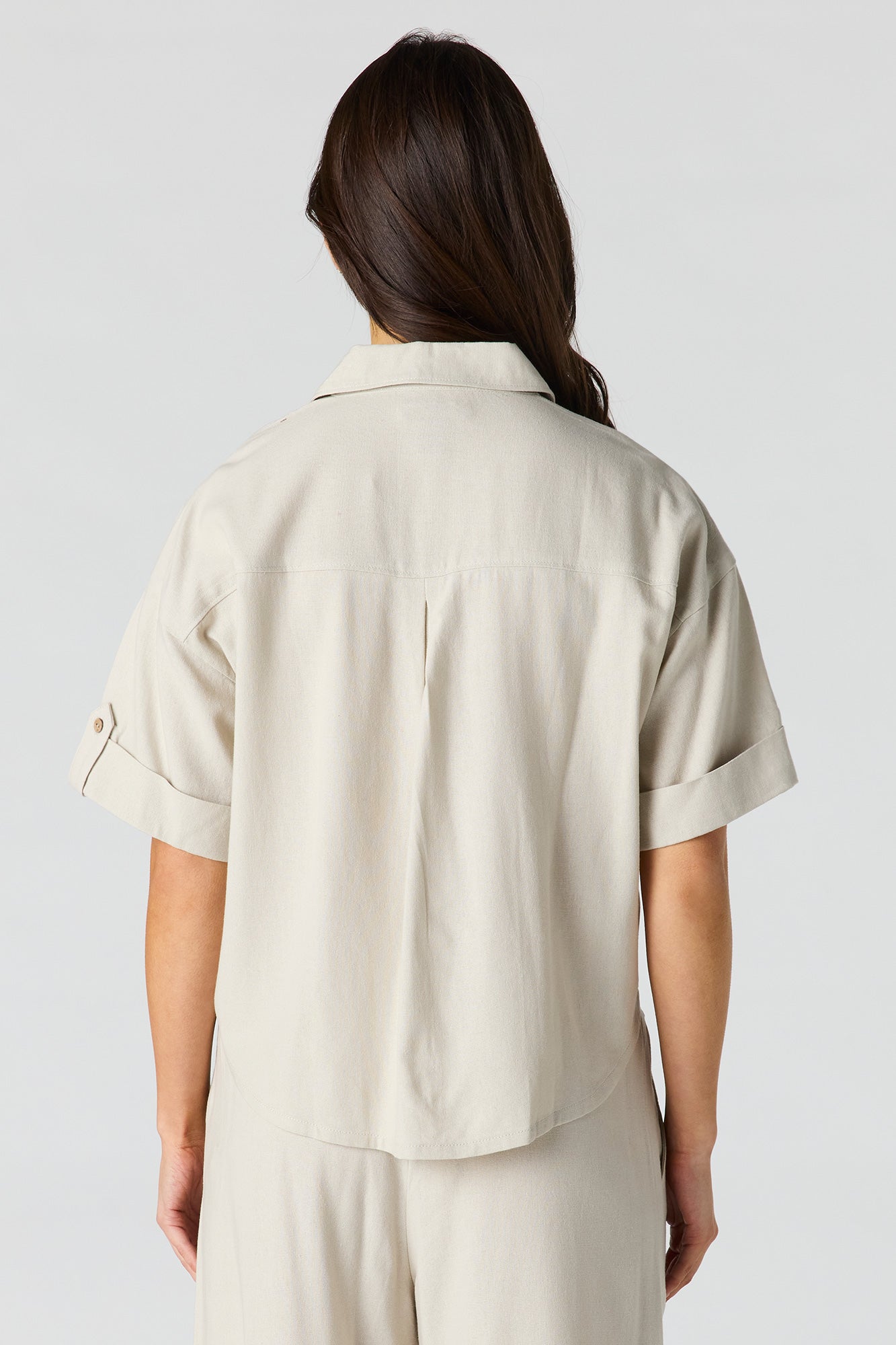 Linen-Blend Button-Up Collared Crop Top