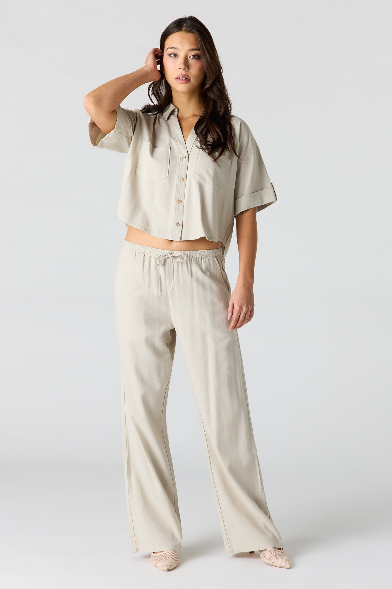 Linen-Blend Button-Up Collared Crop Top