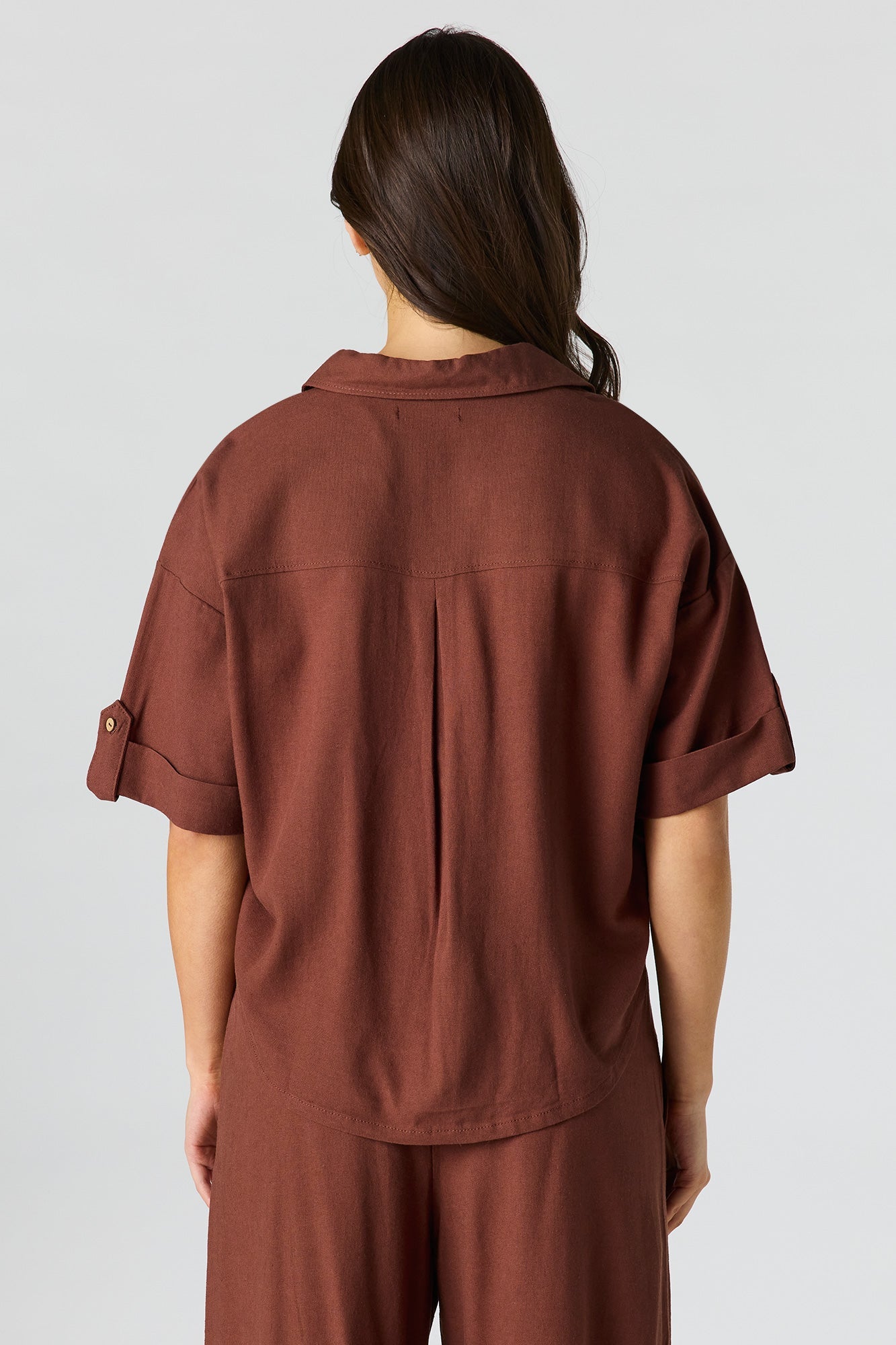 Linen-Blend Button-Up Collared Crop Top